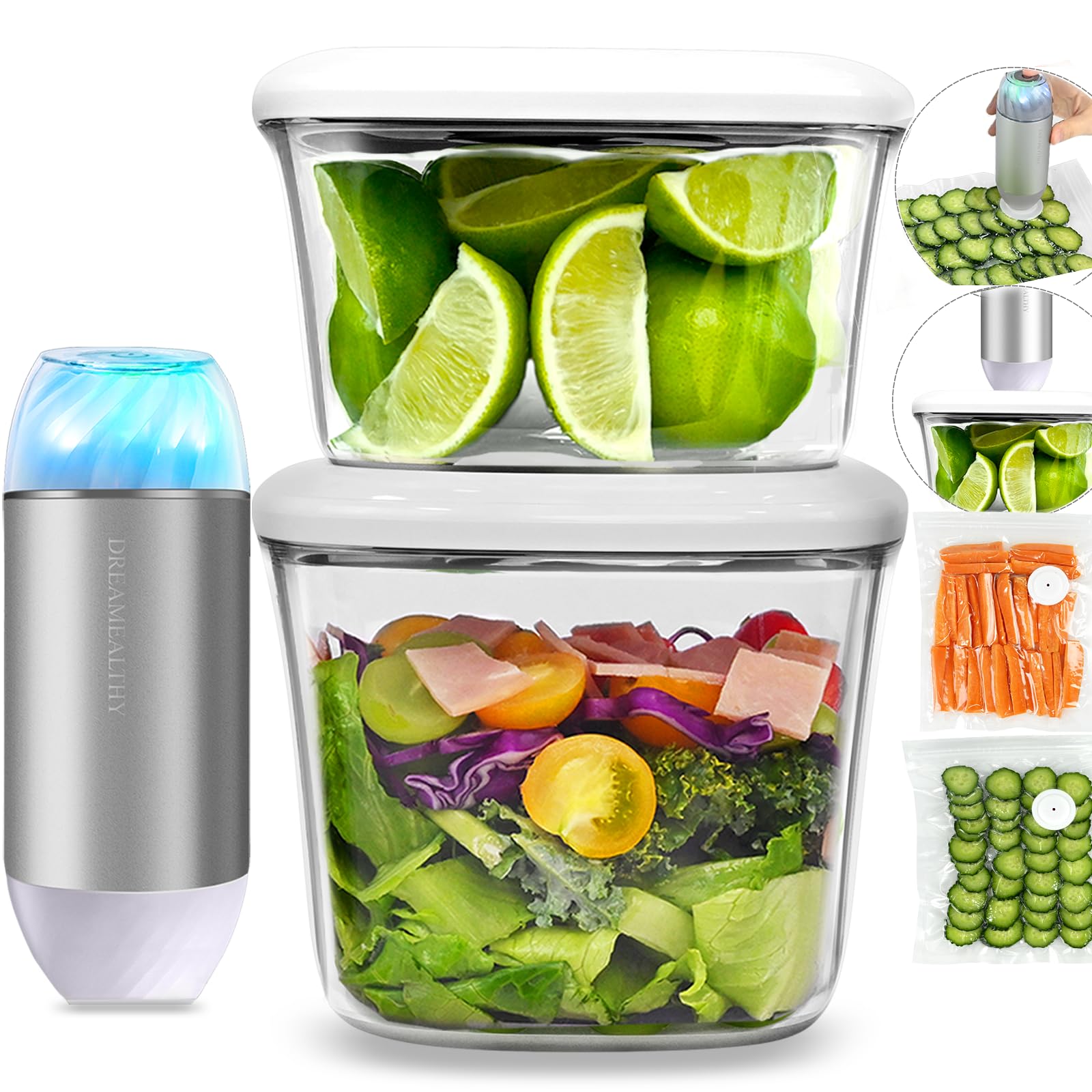 BPA-Free Tritan Airtight Food Storage Containers Set (1L + 1.5L) with Handheld Vacuum Sealer & 2 Vacuum Zipper Bags - One-Touch Sealing for Dry & Liquid Foods | Perfect for Meal Prep, Sous Vide, Leftovers & Pantry Organization