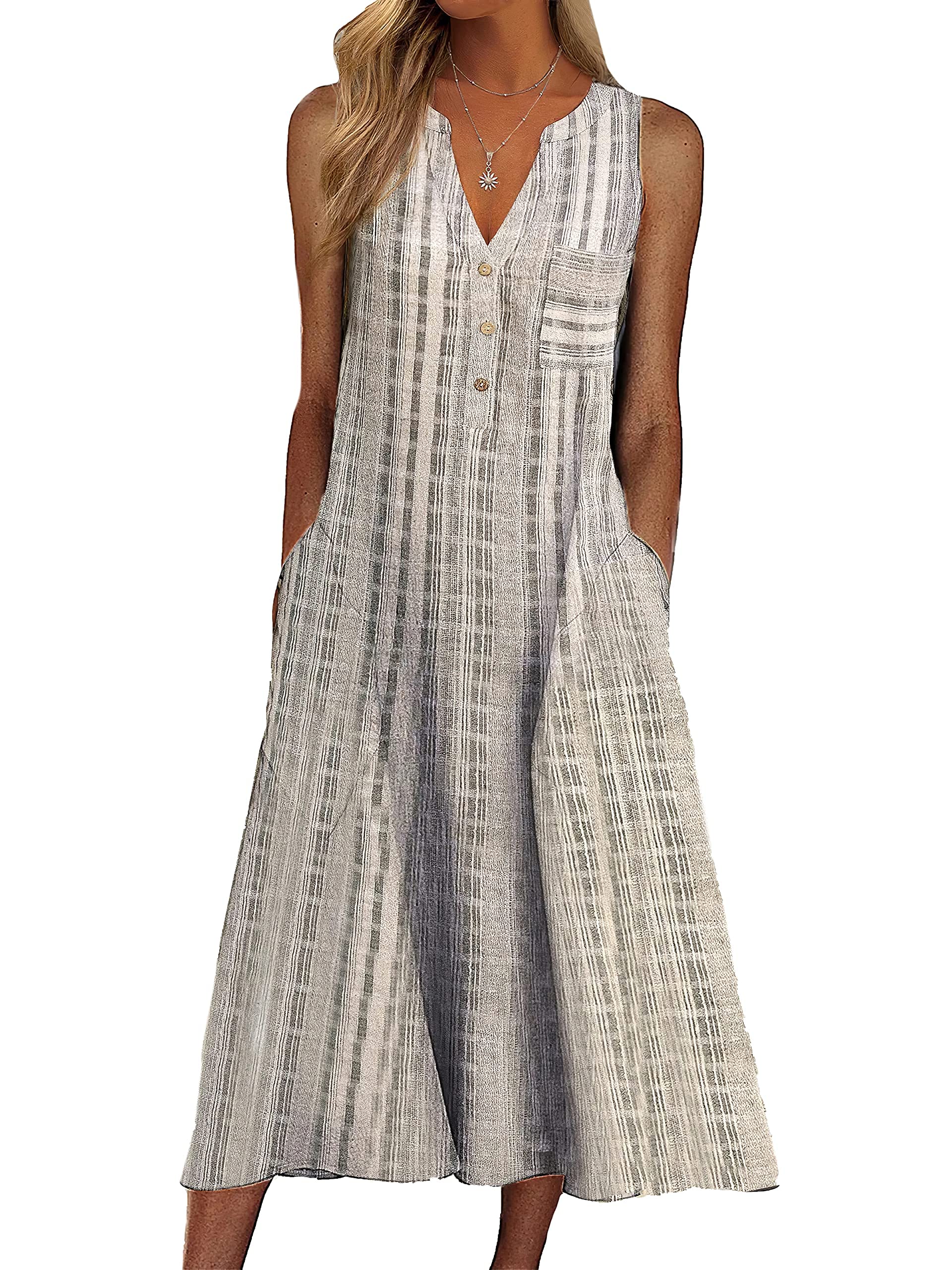 Women's Summer Sleeveless V-Neck Casual Midi Dress - Loose Bohemian Plaid Dress with Pockets | Perfect for Beach, Vacation & Everyday Wear