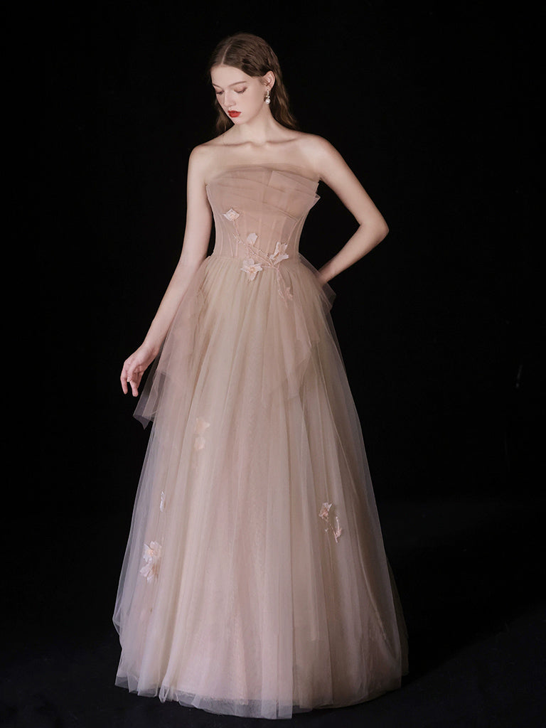 Elegant Champagne A-Line Tulle Long Prom Dress for Women - Formal Evening Gown for Homecoming, Ball & Special Occasions
