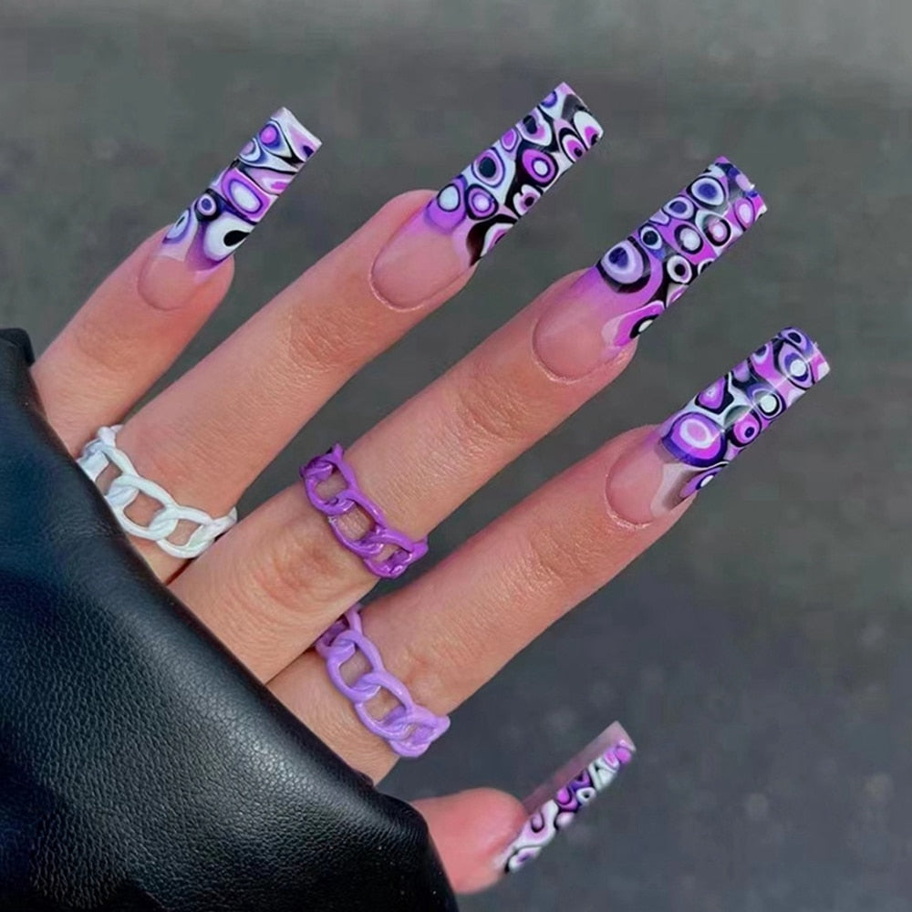 24Pcs Detachable Artificial Fake Nails - French Purple Grape Blue Wave Design Long Ballet Coffin Press On Nails for Women | False Manicure Tips for Parties, Weddings & Special Occasions