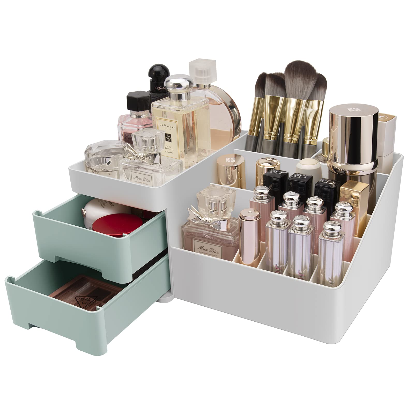 Premium Makeup Organizer with Drawers - Cosmetic & Skincare Storage for Lipstick, Brushes, Eyeshadow, Nail Polish - Vanity Desk Organizer (Green) | Perfect for Bedroom, Bathroom & Travel Beauty Organization