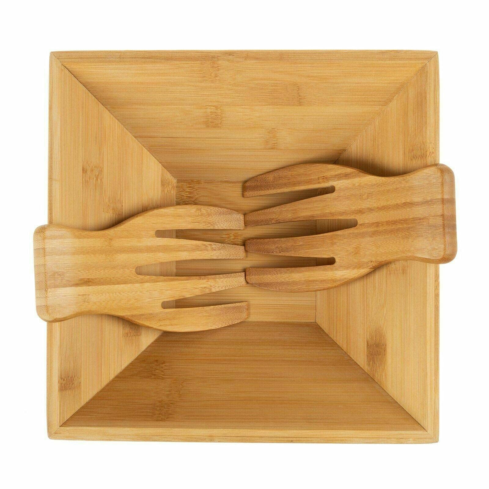 Square Wooden Salad Bowl Set with Forks - Natural Wood Serving Bowl for Salads, Pasta, Fruit - Eco-Friendly Kitchenware for Mixing, Serving & Entertaining