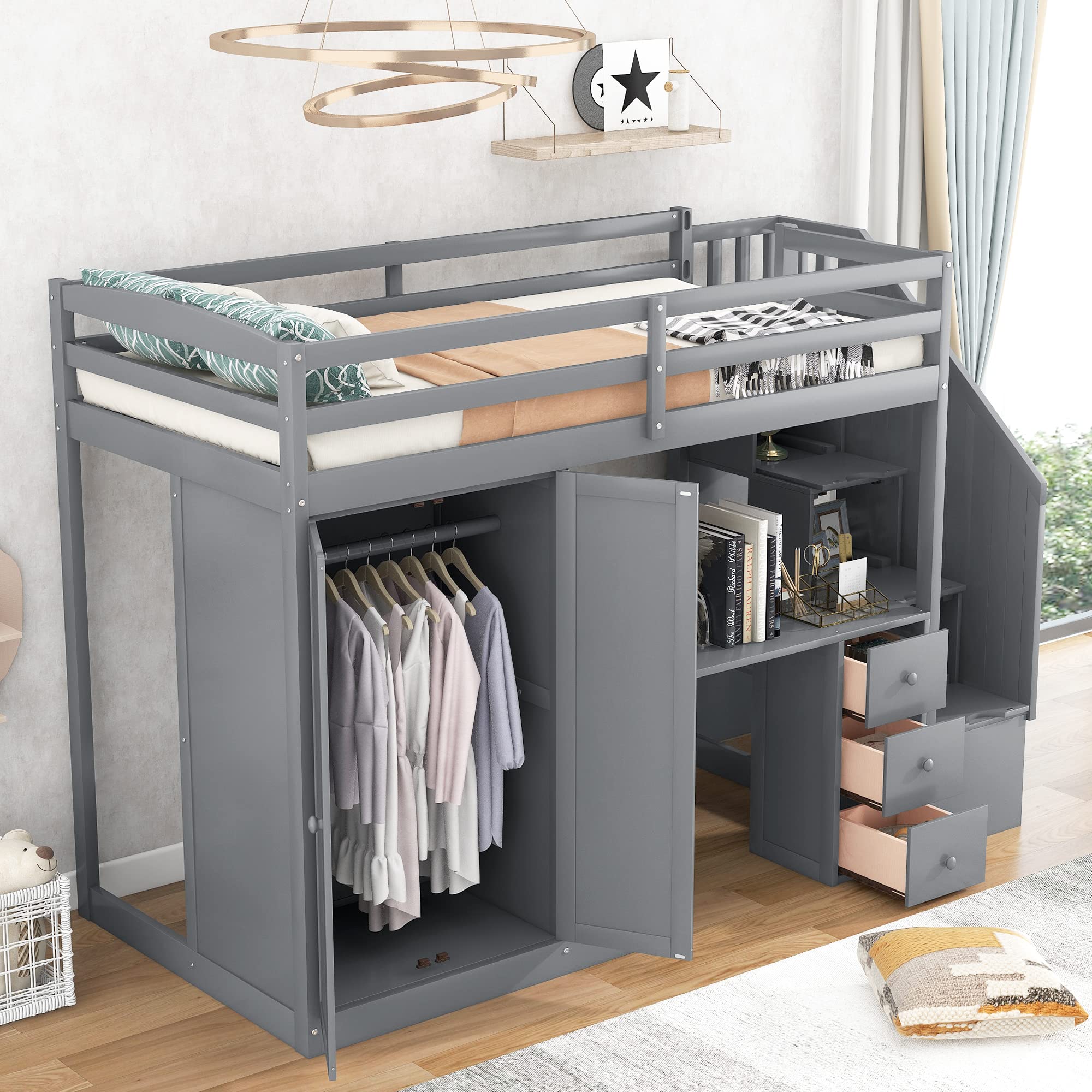 Twin Loft Bed with Wardrobe & Desk - Solid Wood Frame for Kids & Adults - Gray #1 - Perfect for Small Spaces & Dorm Rooms