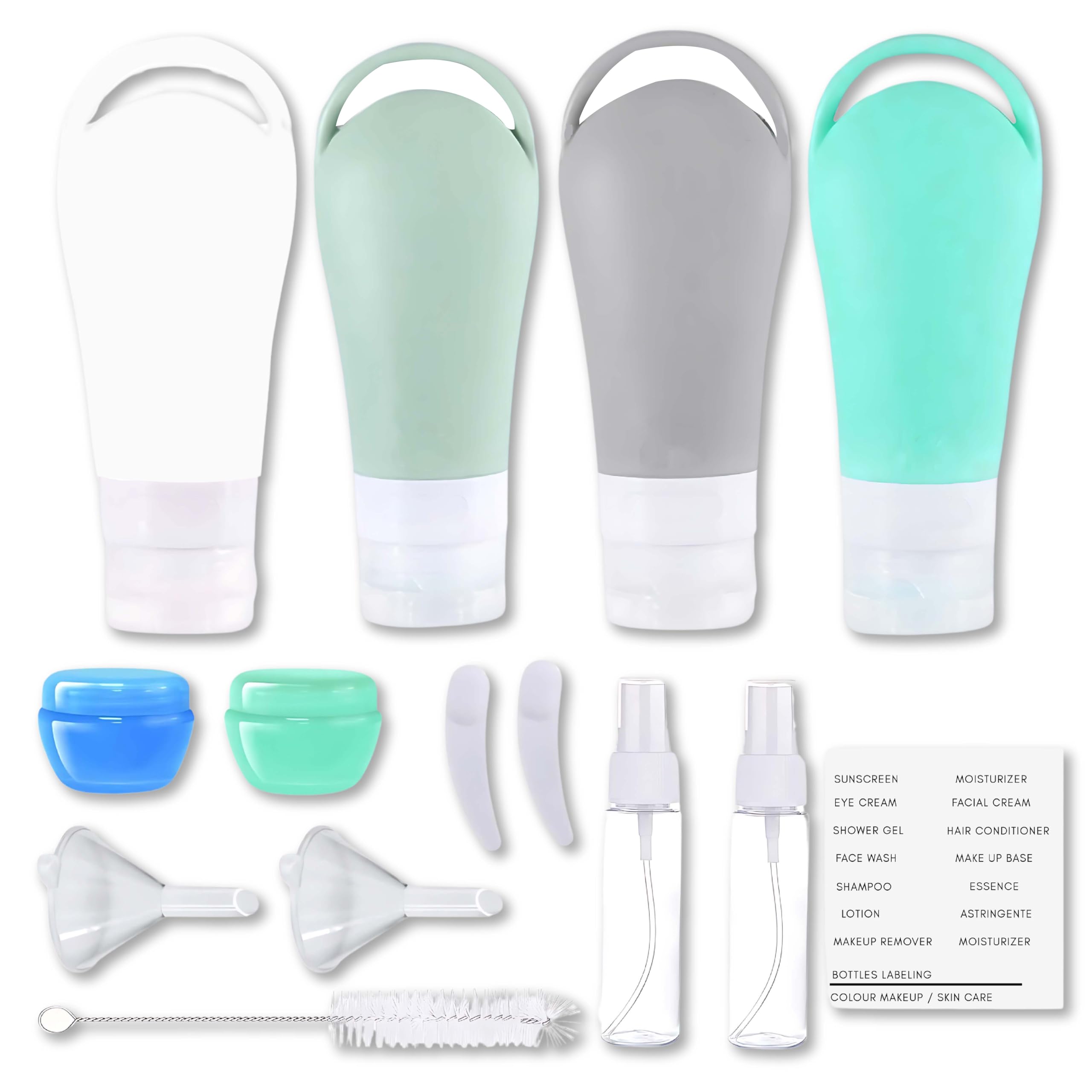 Beauté Secrets 14-Piece Travel Bottle Set (90ML) - Leak-Proof Silicone Containers for Shampoo, Lotion & Cosmetics | Includes Cream Jars, Spray Bottles, Applicator, Funnel, Cleaning Brush & Labels | Perfect for Air Travel, Gym Bags & Vacation Toiletries Organization