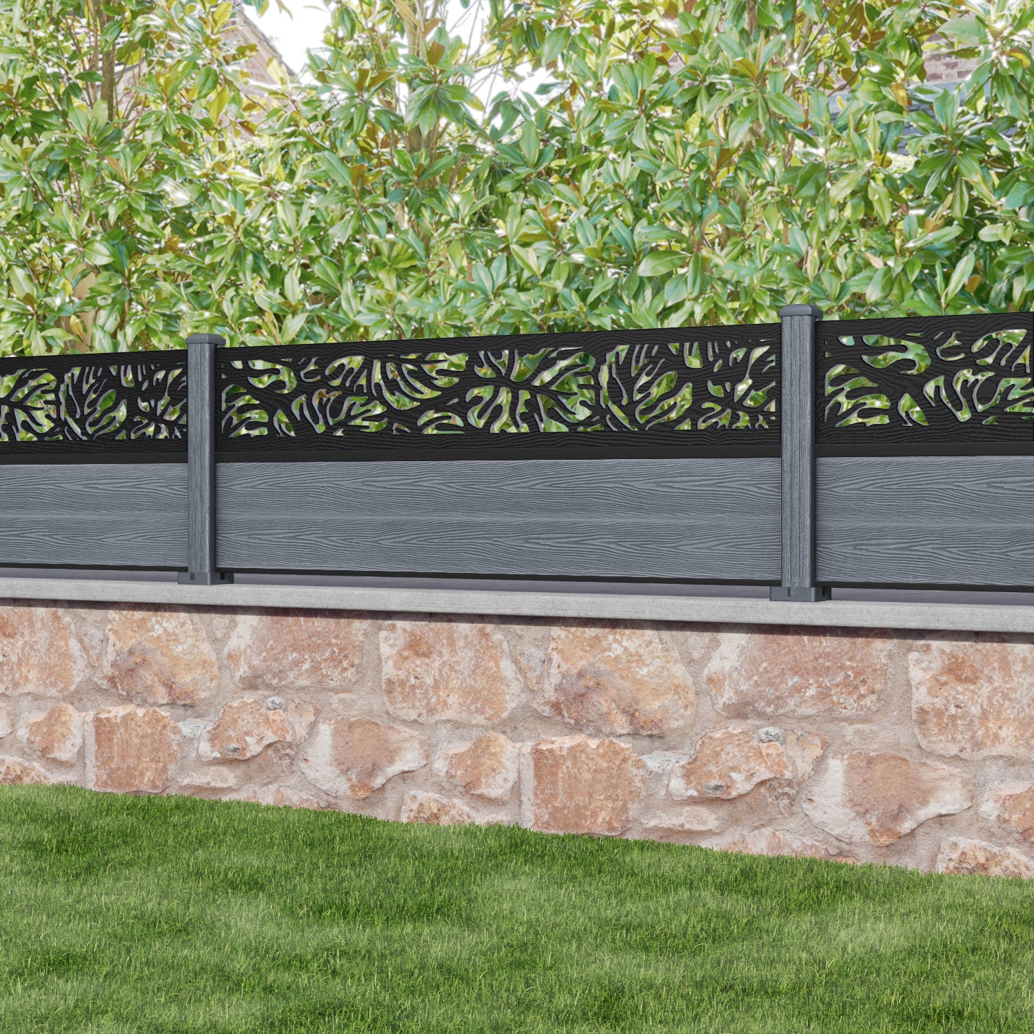 Classic Botanic Fence Panel in Anthracite with Composite Posts - Durable Garden Privacy Screen for Backyard, Patio & Landscaping