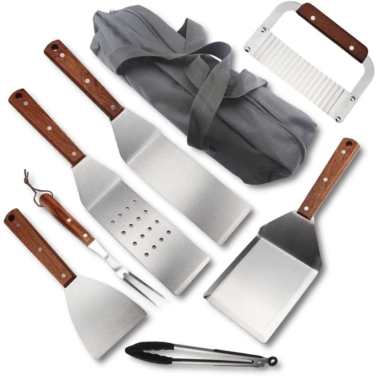8PCS BBQ Grill Tools Set - Heavy Duty Stainless Steel Fork, Spatula & Tongs with Aluminum Storage Case - Complete Outdoor Cooking Accessories for Grilling, Camping & Backyard Parties - Perfect Gift for Men & Grill Masters