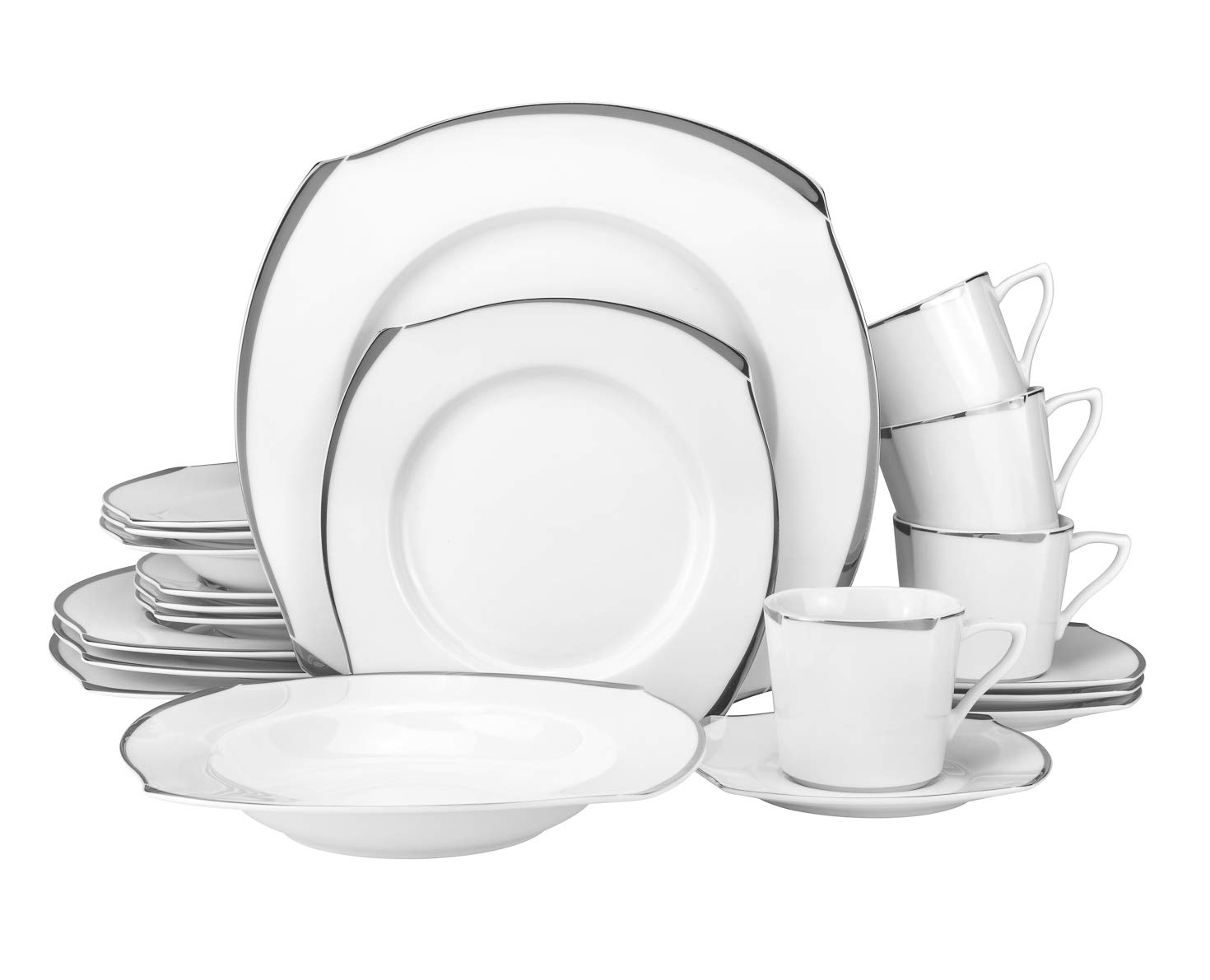 Luxury 20-Piece Euro Porcelain Dinnerware Set with Platinum Silver Trim - Elegant Tableware Service for 4, Perfect for Fine Dining, Weddings & Special Occasions
