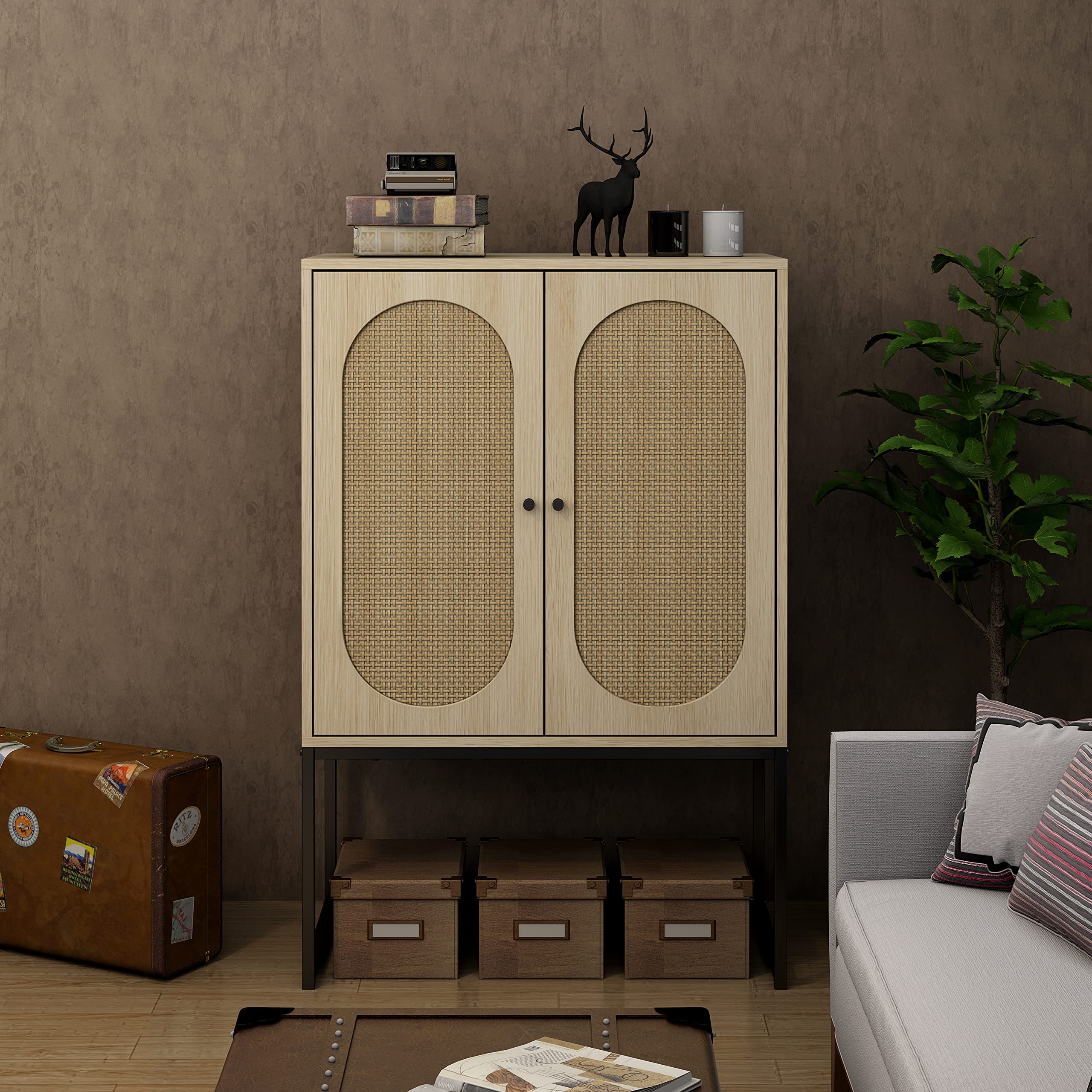Natural Rattan Storage Cabinet with 2 Handmade Doors - Rustic Console Table, Sideboard Buffet Cabinet with Ample Storage Space - Perfect for Living Room, Dining Room, Entryway & Kitchen Decor (Brown) - Ideal for Organizing Blankets, Dishes & Home Essentials