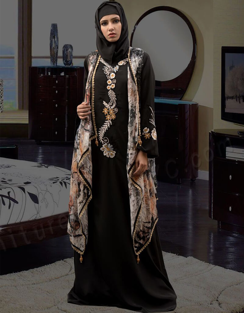 Arabic Multi Crepe Hand Embroidered Front Open Abaya - Elegant Multi-Color Islamic Dress for Women | Perfect for Prayer, Eid, and Special Occasions