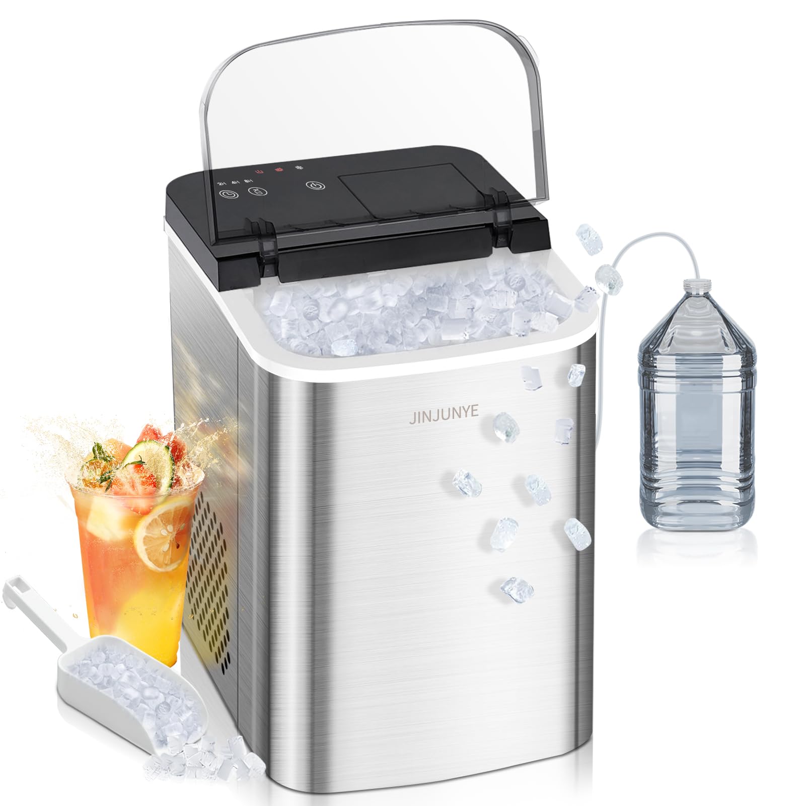 Upgraded Countertop Nugget Ice Maker - 40LBS/Day Pellet Ice Machine with Timer & 2-Way Water Fill, Portable Crushed Ice Maker for Home, Kitchen, Office, Bar - Stainless Steel Chewable Ice Maker for Drinks, Cocktails & Parties