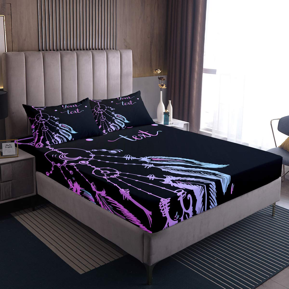 Black Dream Catcher Full Size 3-Piece Bed Sheet Set - Super Soft Microfiber Fitted Sheet with Lilac Feather Design & Deep Pocket (1 Fitted Sheet + 2 Pillowcases) - Luxury Bedding for Home, Guest Room, or Dorm Decor