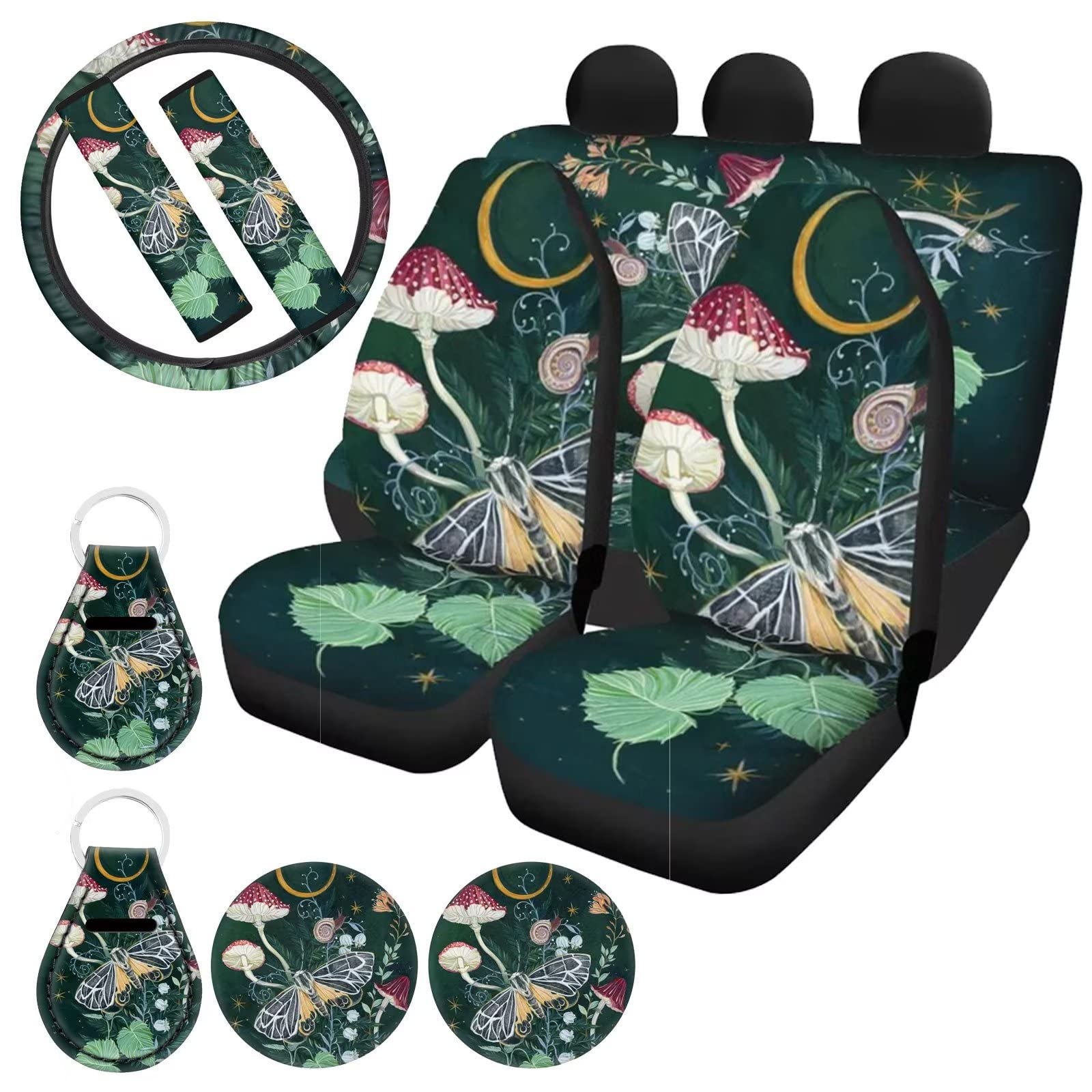 HELLHERO Mushroom Butterfly Car Seat Covers for SUV & Trucks - Full Set Front & Rear Split Bench Cover with Steering Wheel Holder, Shoulder Pad & Keychains - Green Floral Design for Women - Perfect for Road Trips & Daily Commute