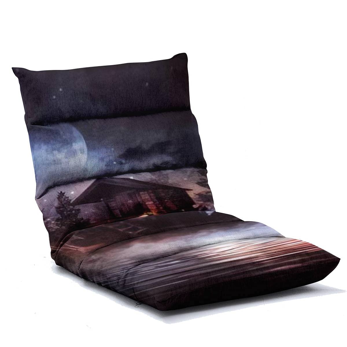 Adjustable Memory Foam Floor Lounger - 6-Position Folding Sofa Chair for Adults & Kids - Wooden Base with Night Fantasy Landscape Design - Perfect for Reading, Watching TV, Gaming & Relaxing at Home