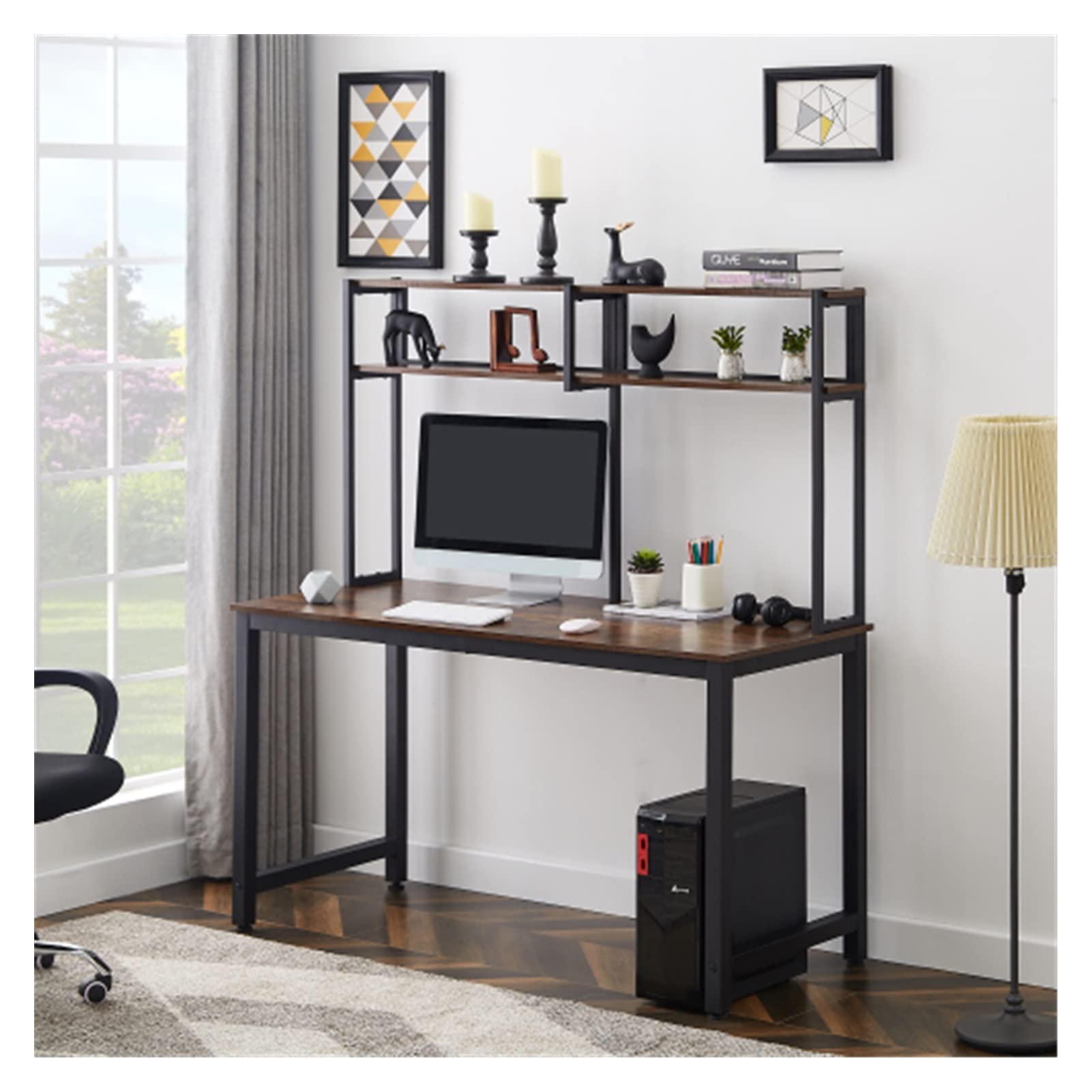 WEPL 52 Inch Large Office Desk with Hutch and Shelves - Modern Black Metal Frame Computer Workstation for Home Office | Space-Saving Laptop Table for Small Spaces & Professional Workspaces