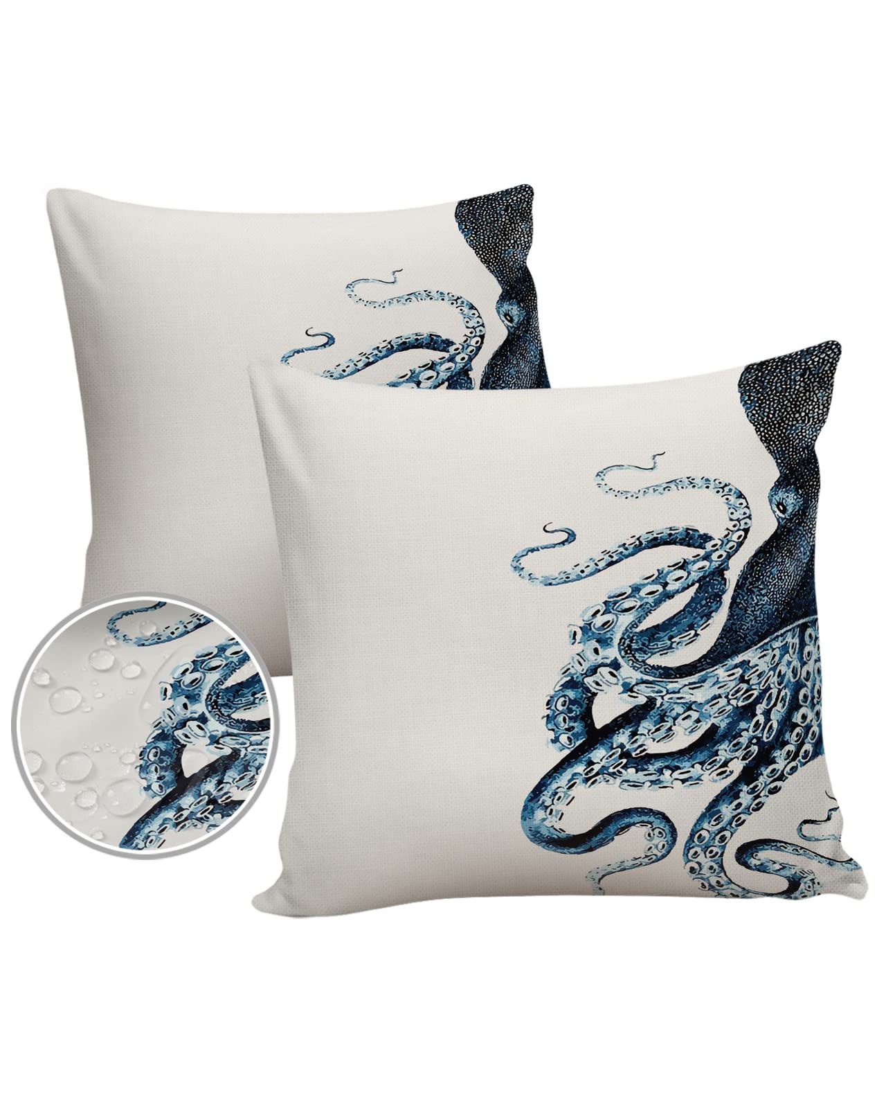 Waterproof Outdoor Throw Pillow Covers - Set of 2 Blue Octopus Tentacle Lumbar Pillowcases (20x20 Inches) for Patio Furniture, Couch, Garden - Sketching Design, All-Weather Decorative Pillows for Outdoor Living & Coastal Home Decor