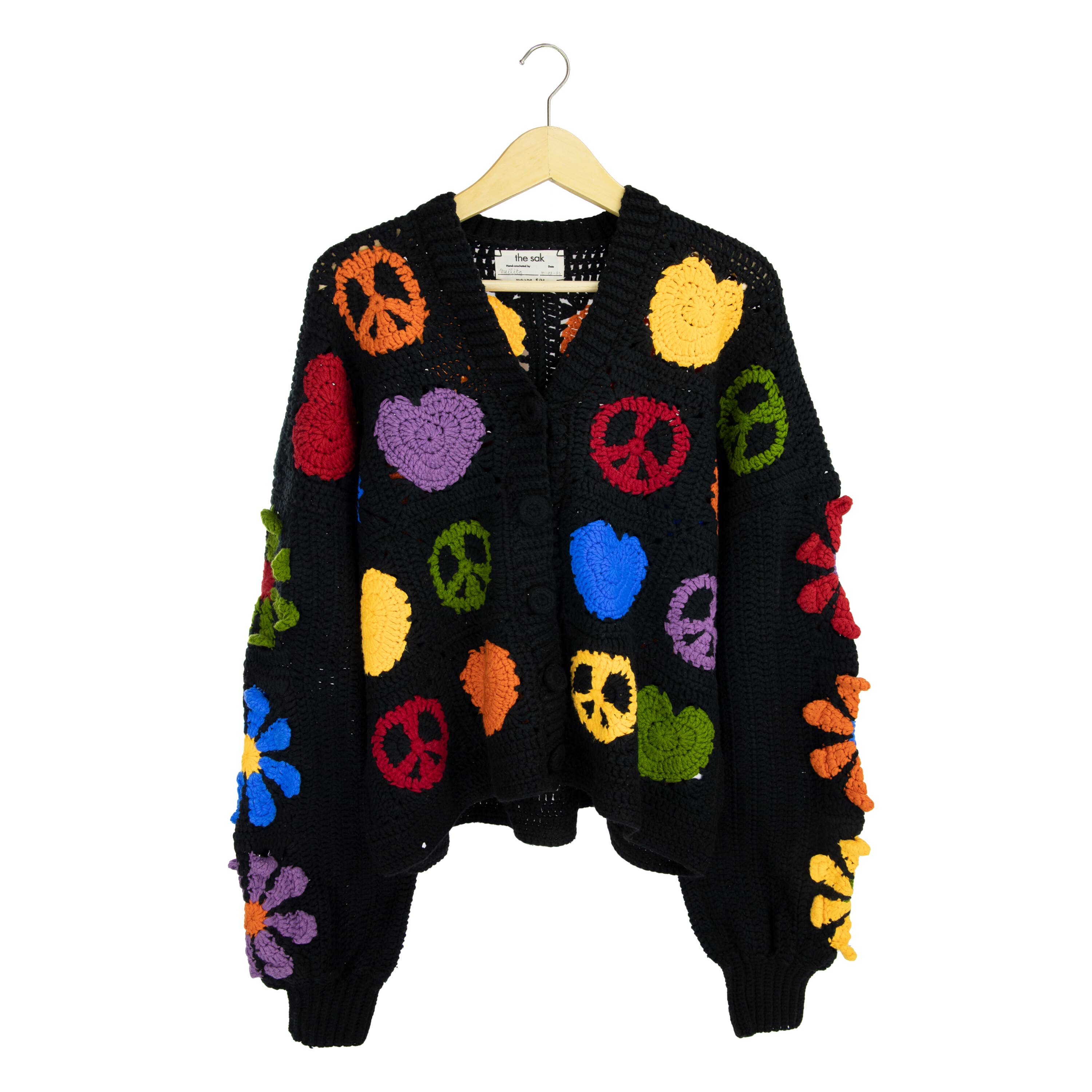 Hand Crochet Oversized Cardigan - Black Peace & Love Design | Cozy Boho Chic Sweater for Women | Perfect for Fall Layering, Casual Outfits & Relaxing at Home