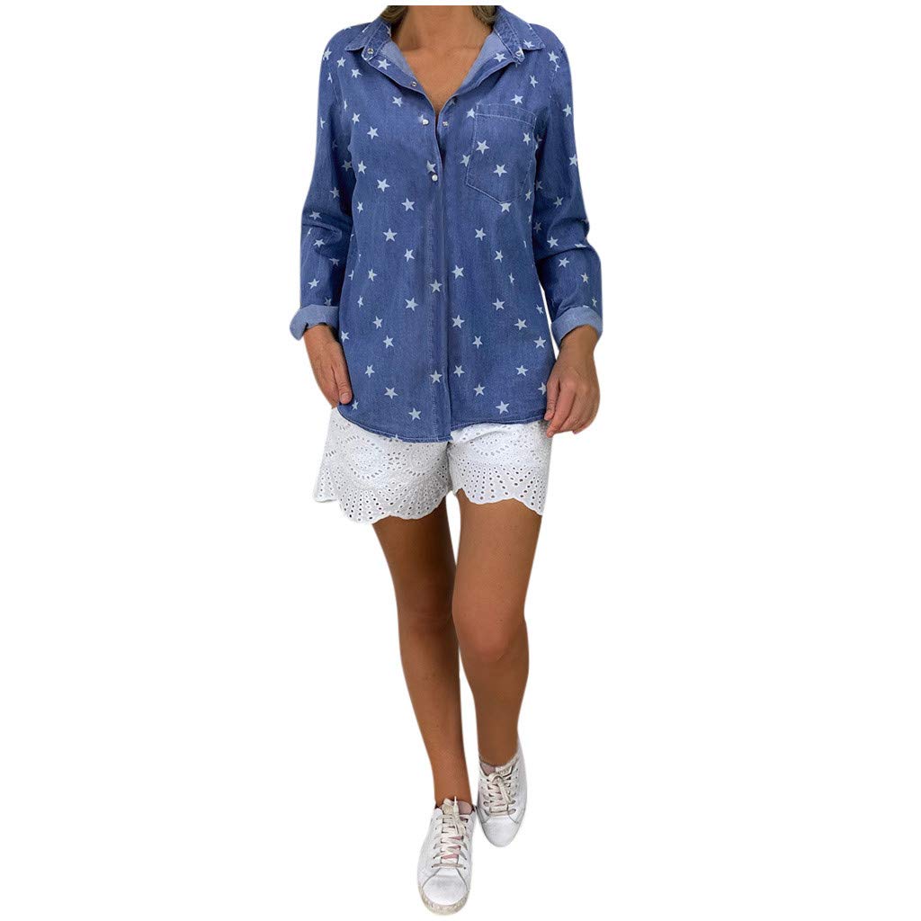 Women's Casual Denim Print Long Sleeve Blouse - Turn Down Neck Summer Top for Everyday Wear | Office, Dating & Weekend Outfits