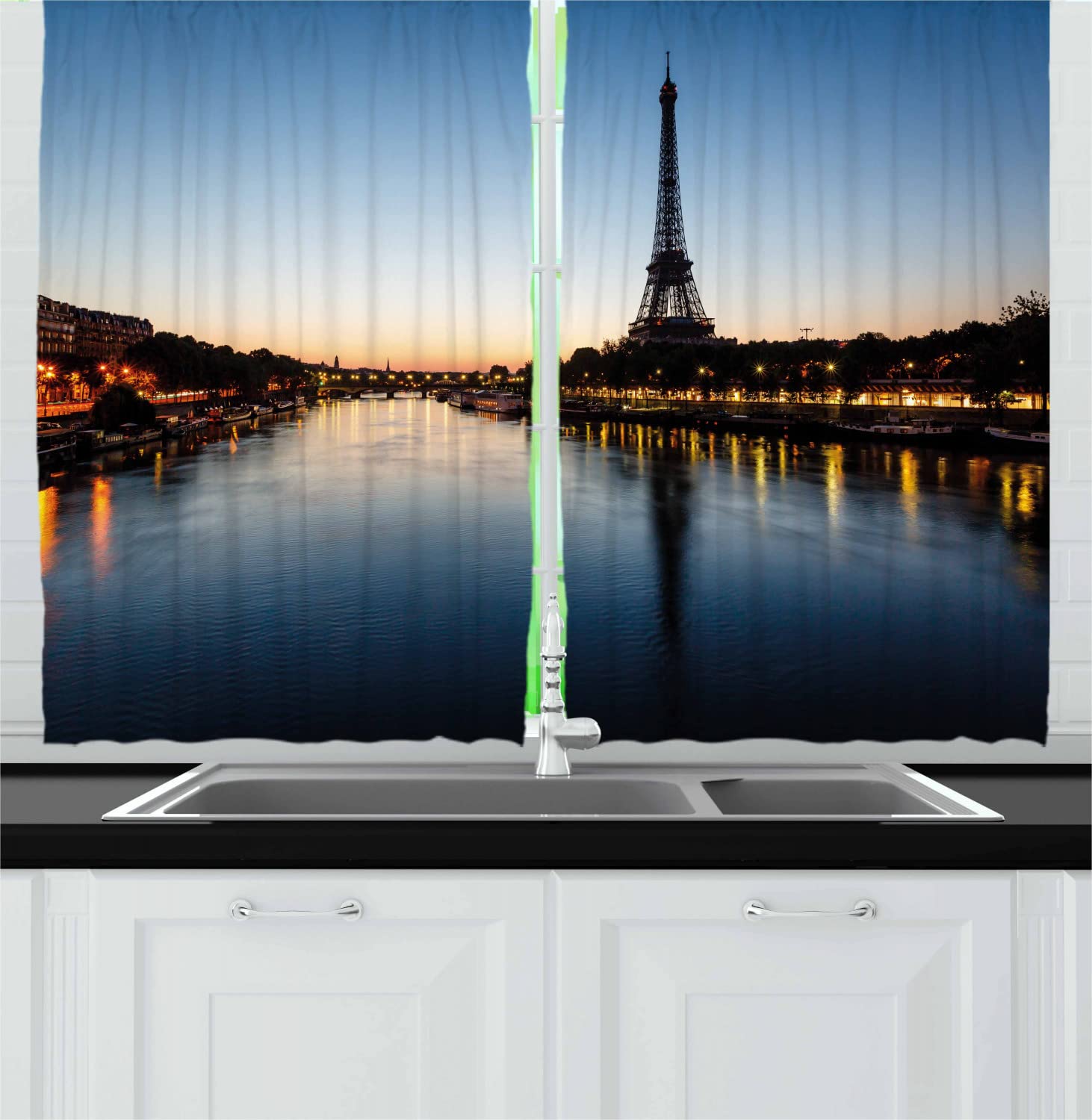 Ambesonne Paris Themed Kitchen Curtains - Eiffel Tower at Twilight Travel Decor, 55