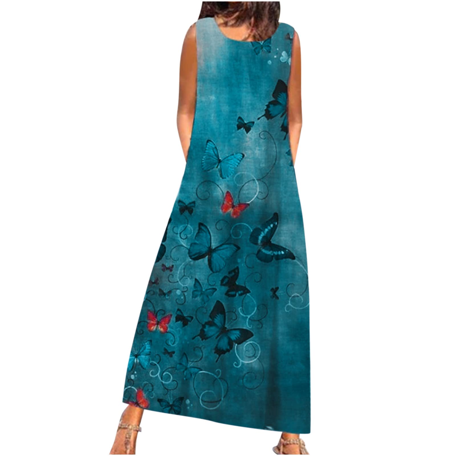 Women's Floral Maxi Dress - Summer 2022 Casual Sleeveless Round Neck Long Dress with Pockets | Perfect for Wedding Guest, Beach Vacation, and Evening Parties