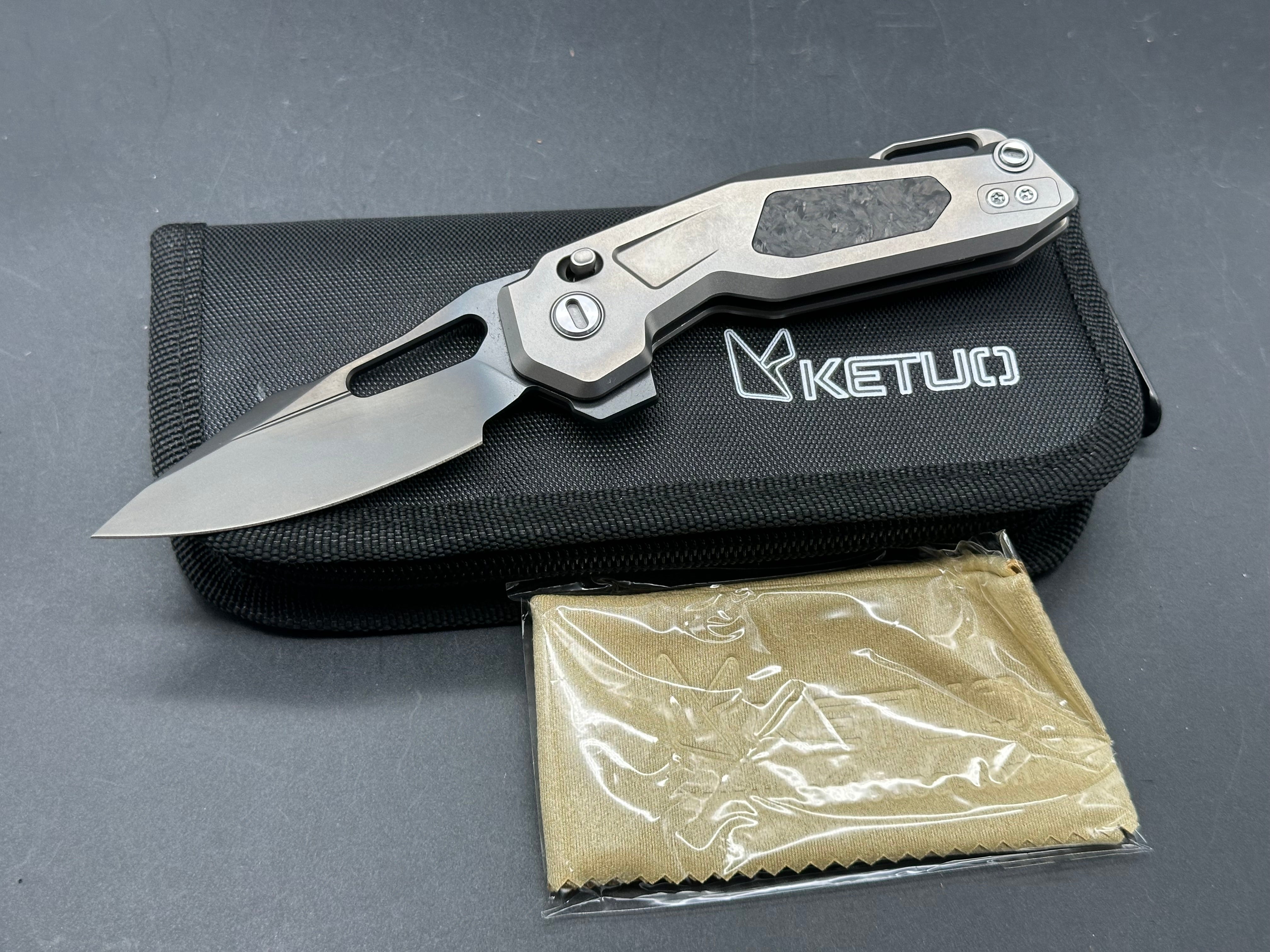 Ketuo Knives Mini Griffin Folding Pocket Knife - Grey Silver Milled Titanium Frame with Shred Carbon Fiber Inlays | EDC Gear, Outdoor Survival Tool, Camping & Everyday Carry Accessory