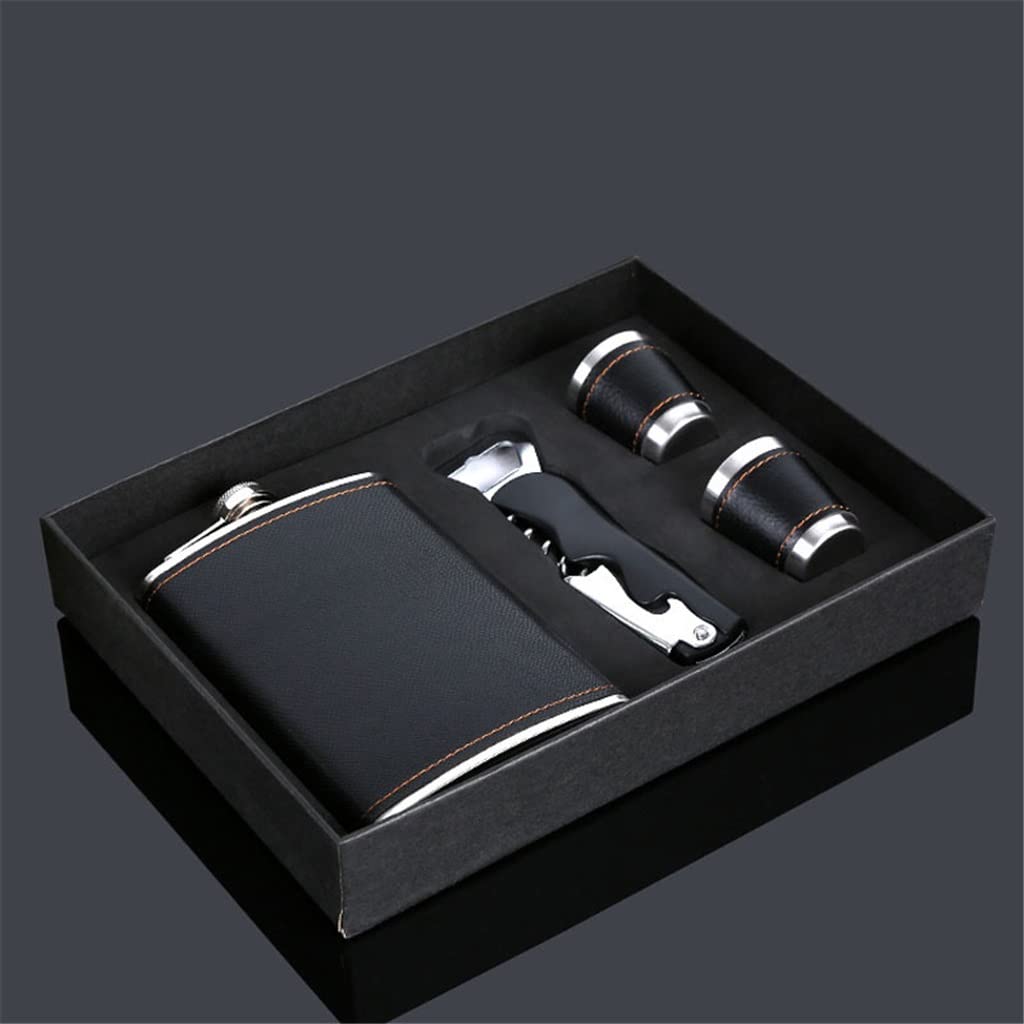 Premium 9oz Leather Hip Flask Set - Stainless Steel Whiskey Flask with Bottle Opener - Portable Travel Liquor Flask for Outdoor Camping, Hiking & Gifts for Men (Black, 4-Piece Set)