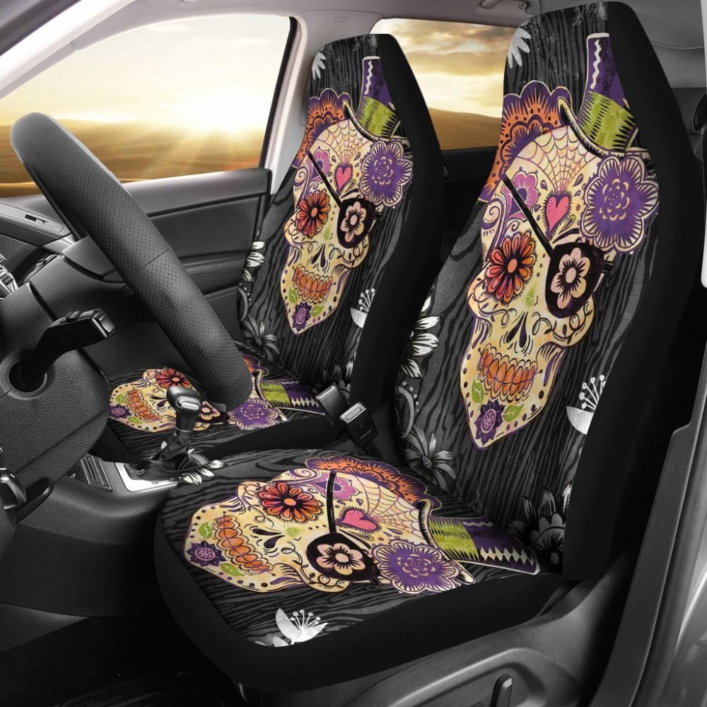 2 Pcs Sugar Skull Car Seat Covers - Halloween Decor Car Accessories for Dia de Los Muertos - Protect Your Seats in Style | Perfect for Cars, Trucks & SUVs