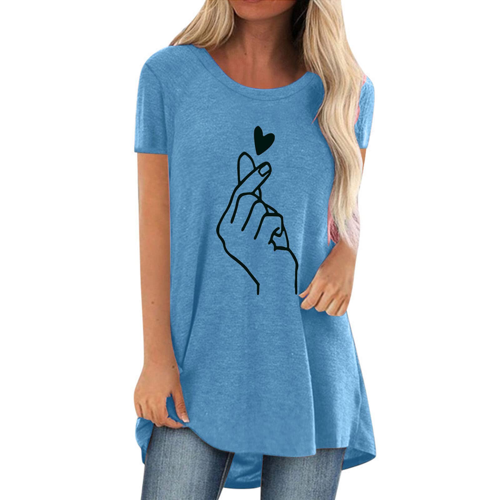 Women's Summer Long Tops - Heart Print Short Sleeve Crewneck T-Shirts, Loose Fit Casual Pullover for Everyday Wear & Outdoor Activities