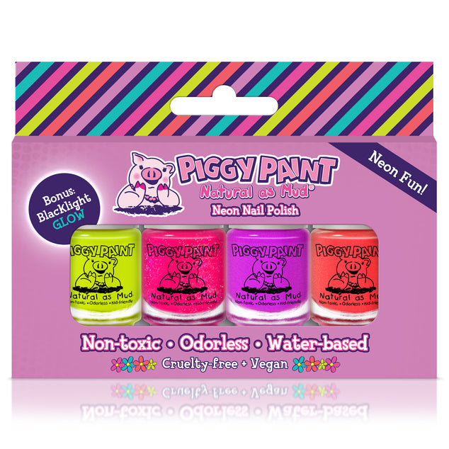 Piggy Paint 4 Mini Neon Nail Polish Set - Non-Toxic, Water-Based, Kid-Friendly Nail Colors for Girls & Boys - Perfect for Birthday Parties, Sleepovers & DIY Manicures