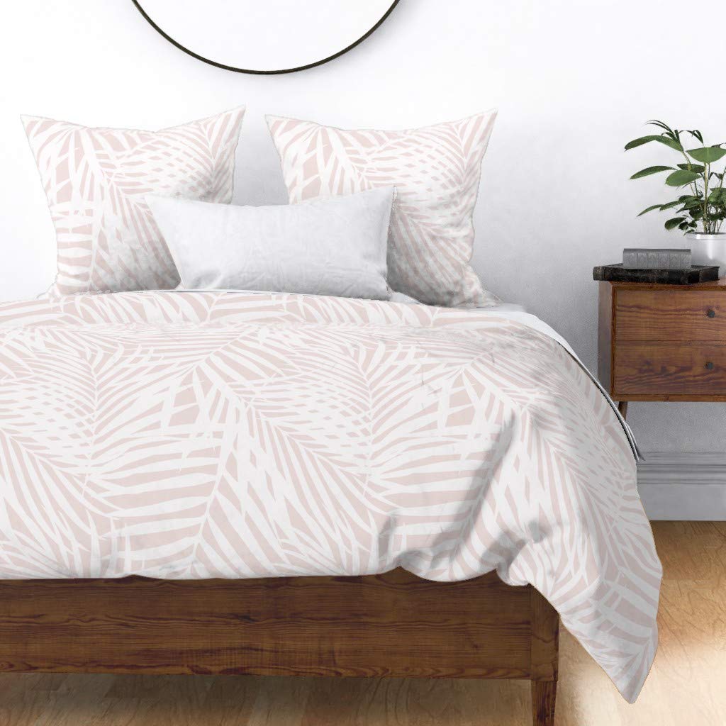Custom Abstract Blush Pink Palm Leaves Tropical Print Cotton Sateen Duvet Cover for Twin Bed | Soft Pastel Botanical Bedding for Tropical & Boho Bedroom Decor