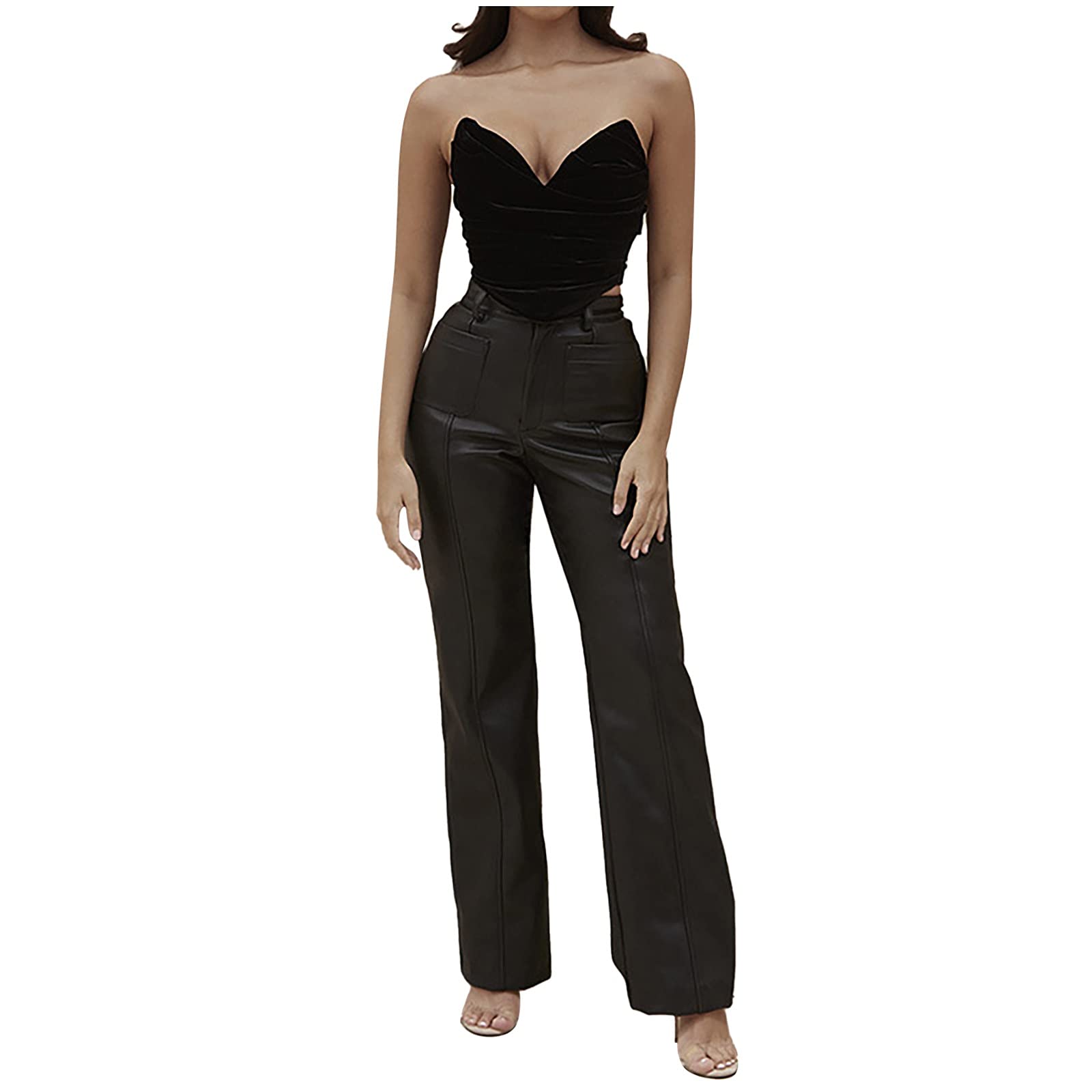 Stylish Women's Leather Pants - Slim Fit Straight Leg with Two Pockets, Plus Size Fashion for Casual & Night Out | Perfect for Office, Dating & Party Wear