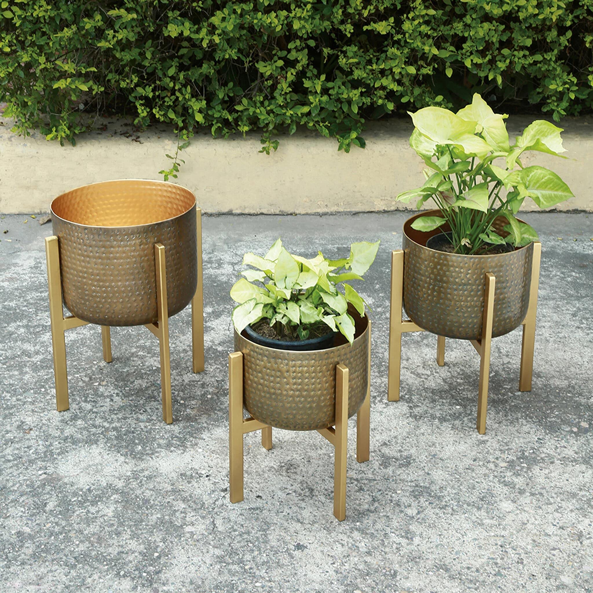 SPI Home Set of 3 Hammered Metal Planter Holders with Stands - Indoor/Outdoor Flower Pot Stands for Patio, Garden & Home Decor