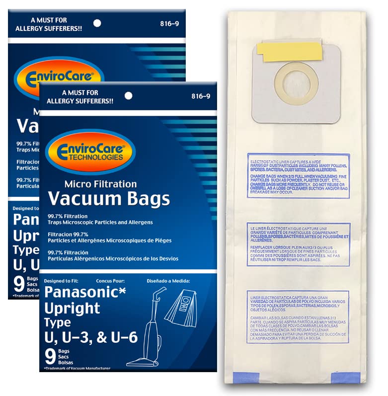 EnviroCare Replacement Vacuum Cleaner Dust Bags - Compatible with Panasonic U, U-3, U-6-18 Models | Micro Filtration for Allergies & Pet Hair | Ideal for Home Cleaning & Allergy Relief
