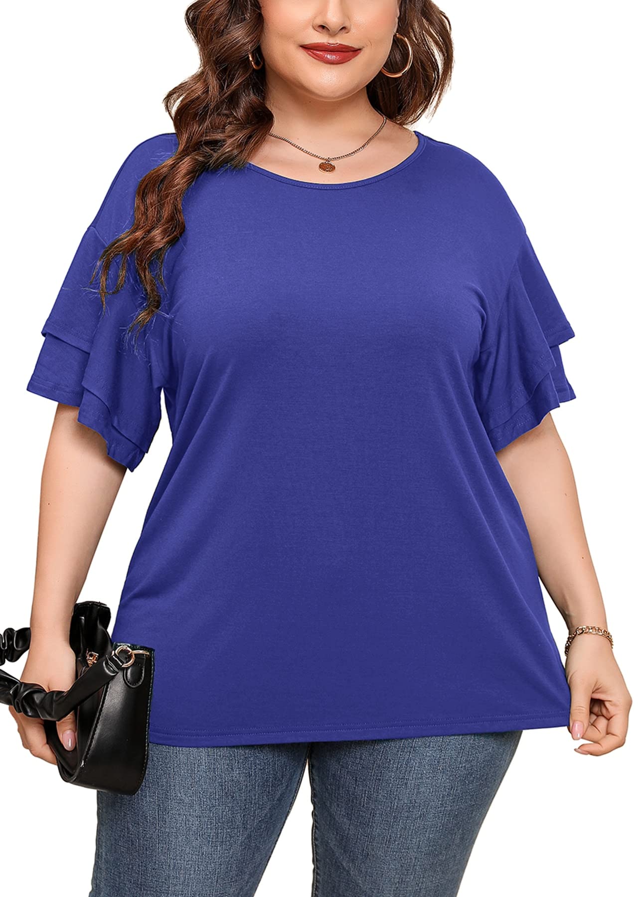 Plus Size Tunic for Women - Double Ruffle Short Sleeve Loose Fit Blouse | Flowy Summer Top for Casual Wear & Beach Outfits | AusLook Women's Fashion