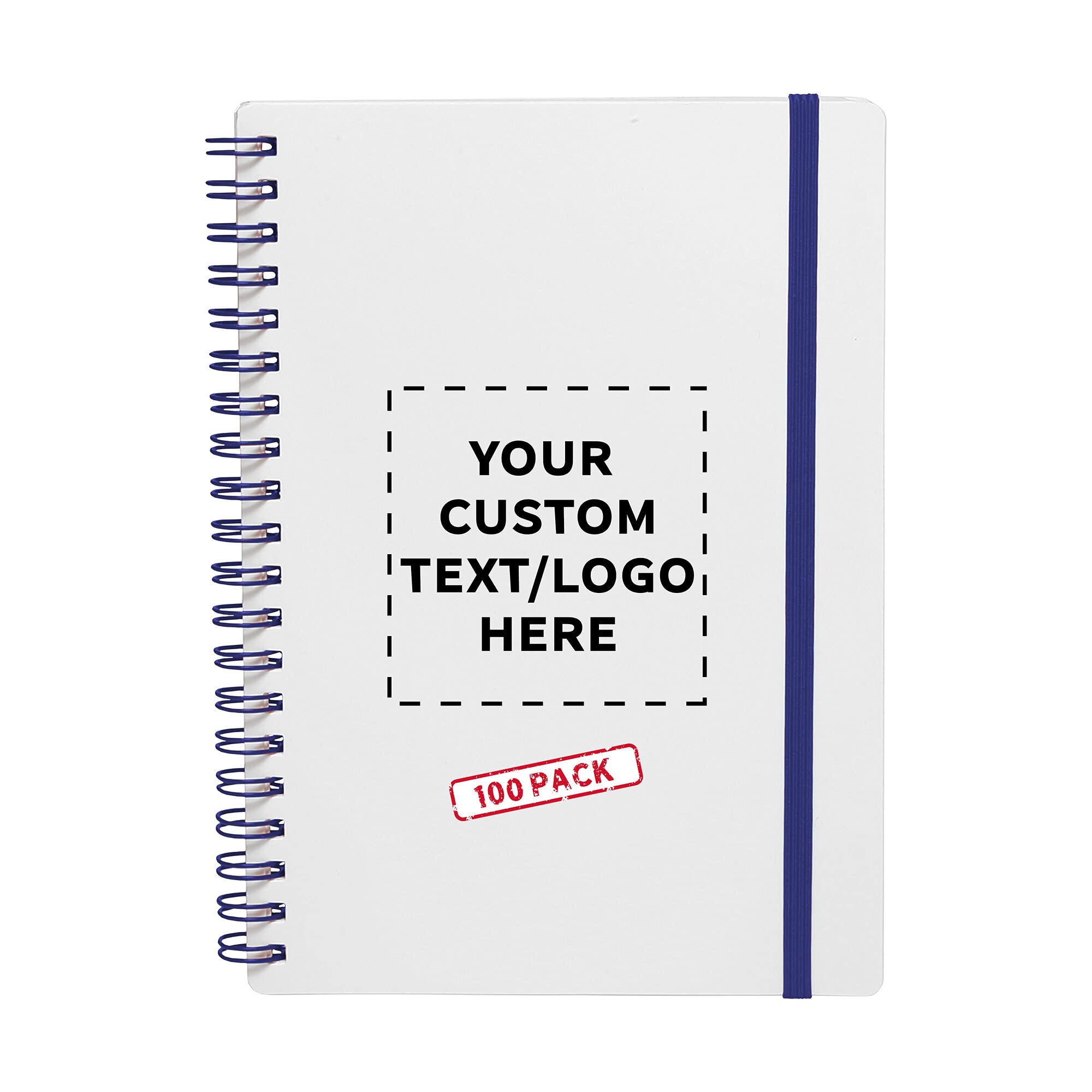 100-Pack White Spiral Notebooks with Elastic Closure | Custom Text & Logo Printing | 80 Lined Pages | Recycled Paper | Perfect for Office, School & Gift Giving (Blue)