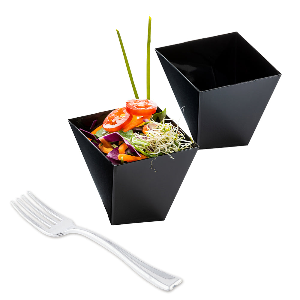 100-Pack 6 oz Square Black Plastic Girata Dishes & 100-Pack Silver Plastic Mini Forks - Perfect for Catering, Parties, and Events