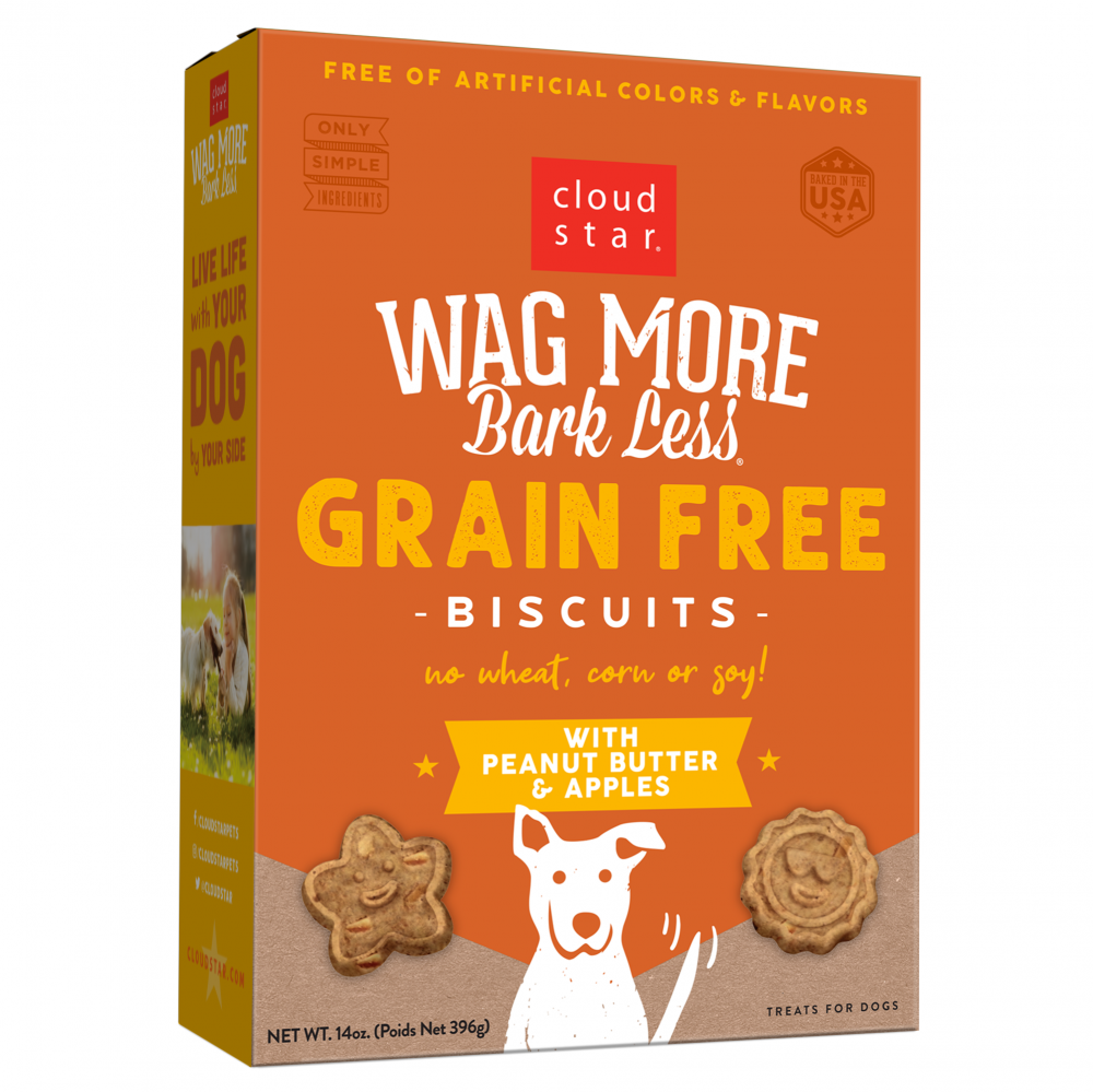Cloud Star Wag More Bark Less Crunchy Grain-Free Peanut Butter & Apple Dog Treats - Healthy Snacks for Training, Rewards & Dental Care