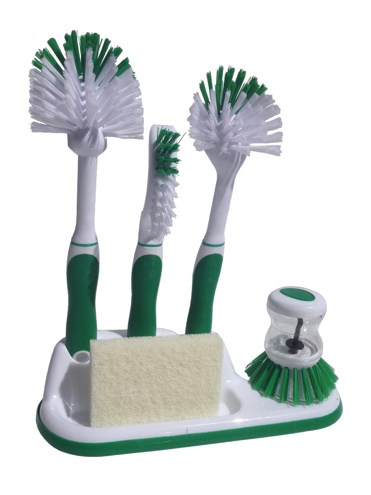 Powerstone 6-Piece Kitchen Cleaning Set with Sponge & Caddy - Dish Scrubber for Pots, Pans, Bottles, Utensils, Sinks & Vegetables | Grout Cleaner & Peeling Tool | Perfect for Home, RV & Camping (Green)