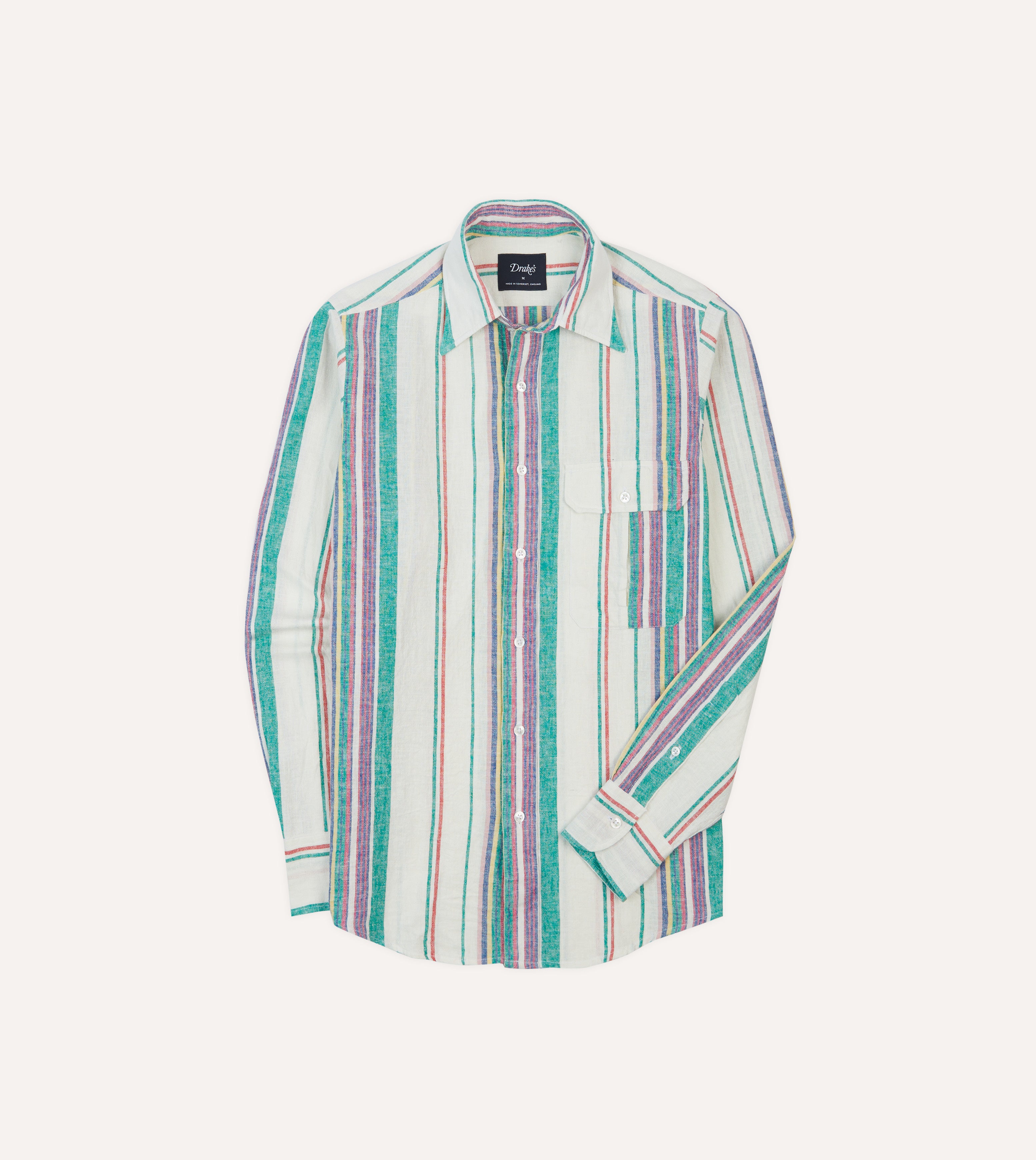 Ecru Purple Green Stripe Linen Cotton Long Point Collar Shirt for Men - Casual Office Wear & Summer Vacation Outfits