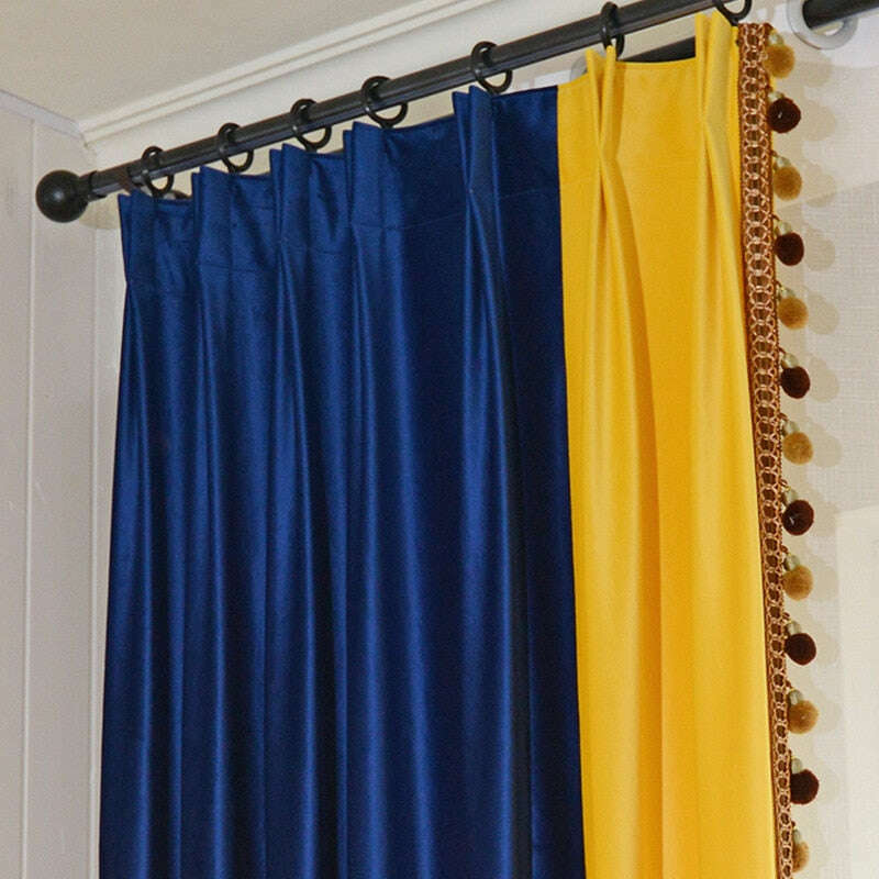 Premium Ethan Spliced Luxury Velvet Curtains - Blue & Yellow Blackout Drapes for Living Room & Bedroom - Elegant Window Treatments for Home Decor
