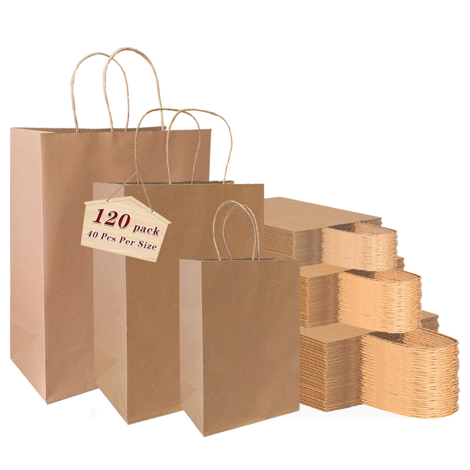 Vanhel 120 Pack Kraft Paper Bags with Handles - Assorted Sizes Bulk Gift Bags for Weddings, Birthdays, Party Favors & Retail Merchandise | Eco-Friendly Packaging for Parties, Events & Small Business