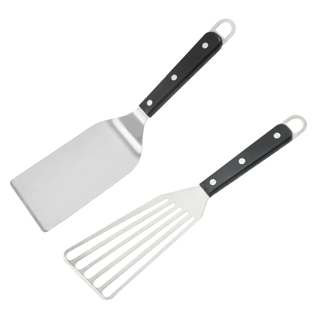 Premium FRCOLOR 2-Piece Stainless Steel Spatula Set - Slotted Turner & Solid Flipper for Steak, Eggs, Pancakes - Heavy Duty Metal Cooking Utensils for Grilling, Frying & Baking - Essential Kitchen Gadgets (Black)