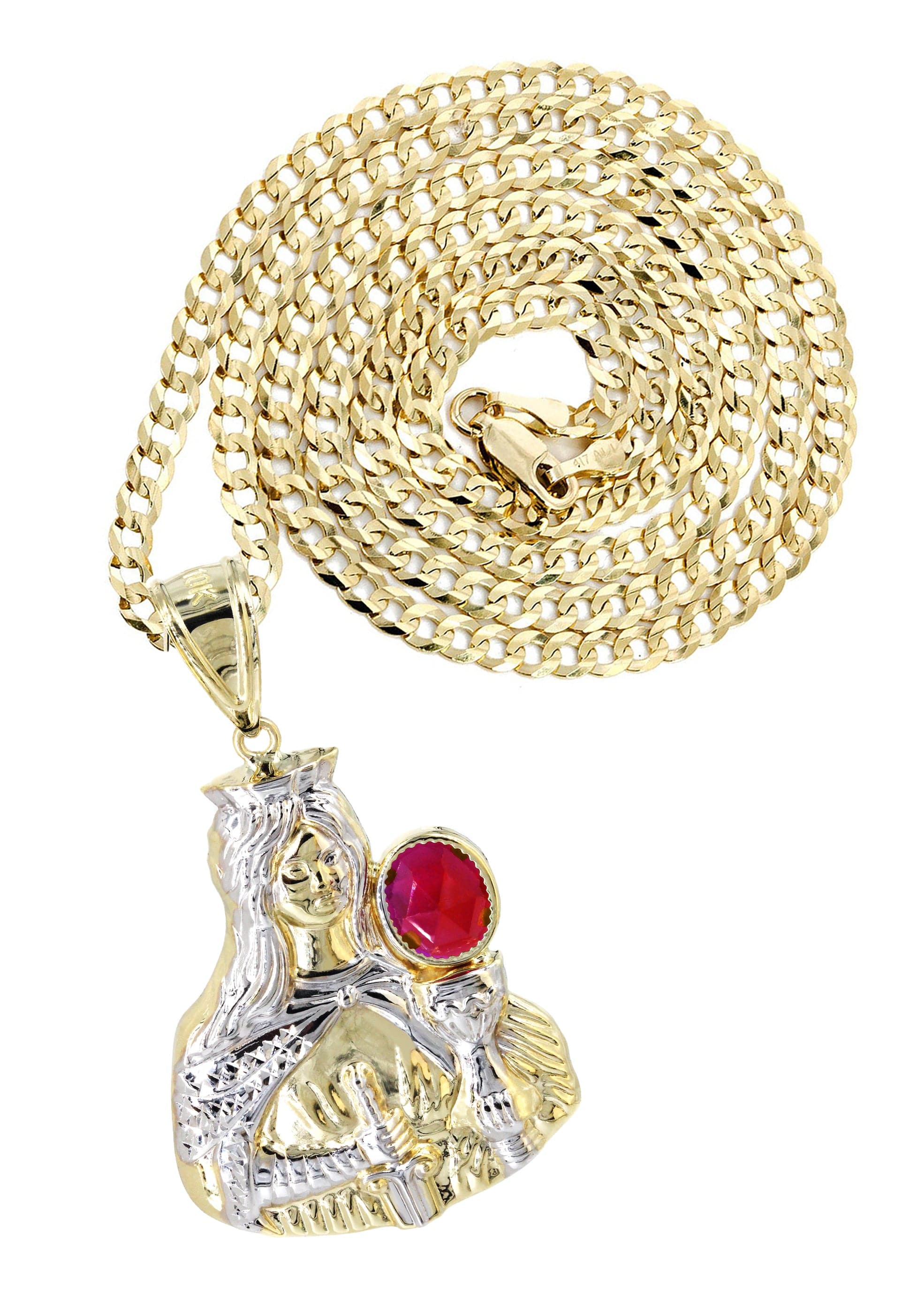 10K Yellow Gold Saint Barbara Necklace with Genuine Ruby Stone | 16.6 Grams | Religious Jewelry for Women | Perfect for Prayer, Protection & Faith-Based Gifts