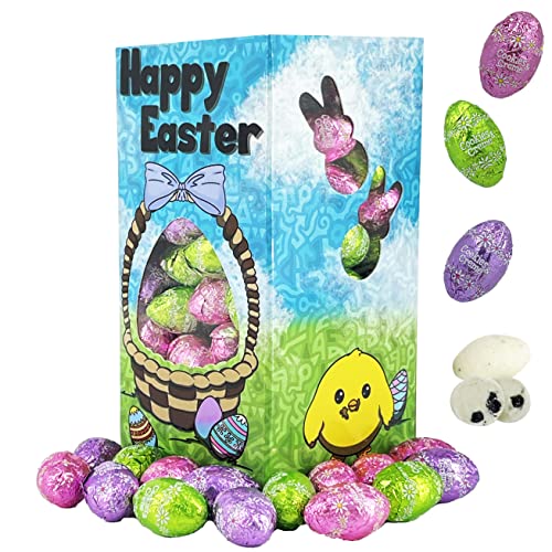Happy Easter Chocolate Eggs - 1 Pound Multicolored Foil Wrapped Milk Chocolate with Cookies & Cream Filling in Festive Gift Box | Easter Basket Stuffers, Party Favors & Holiday Treats