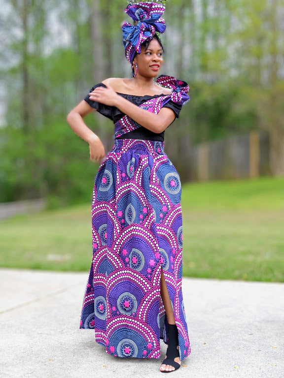 Stylish Purple African Print Skirt with Side Slit | DP3847SK | Perfect for Cultural Events, Weddings & Summer Outfits
