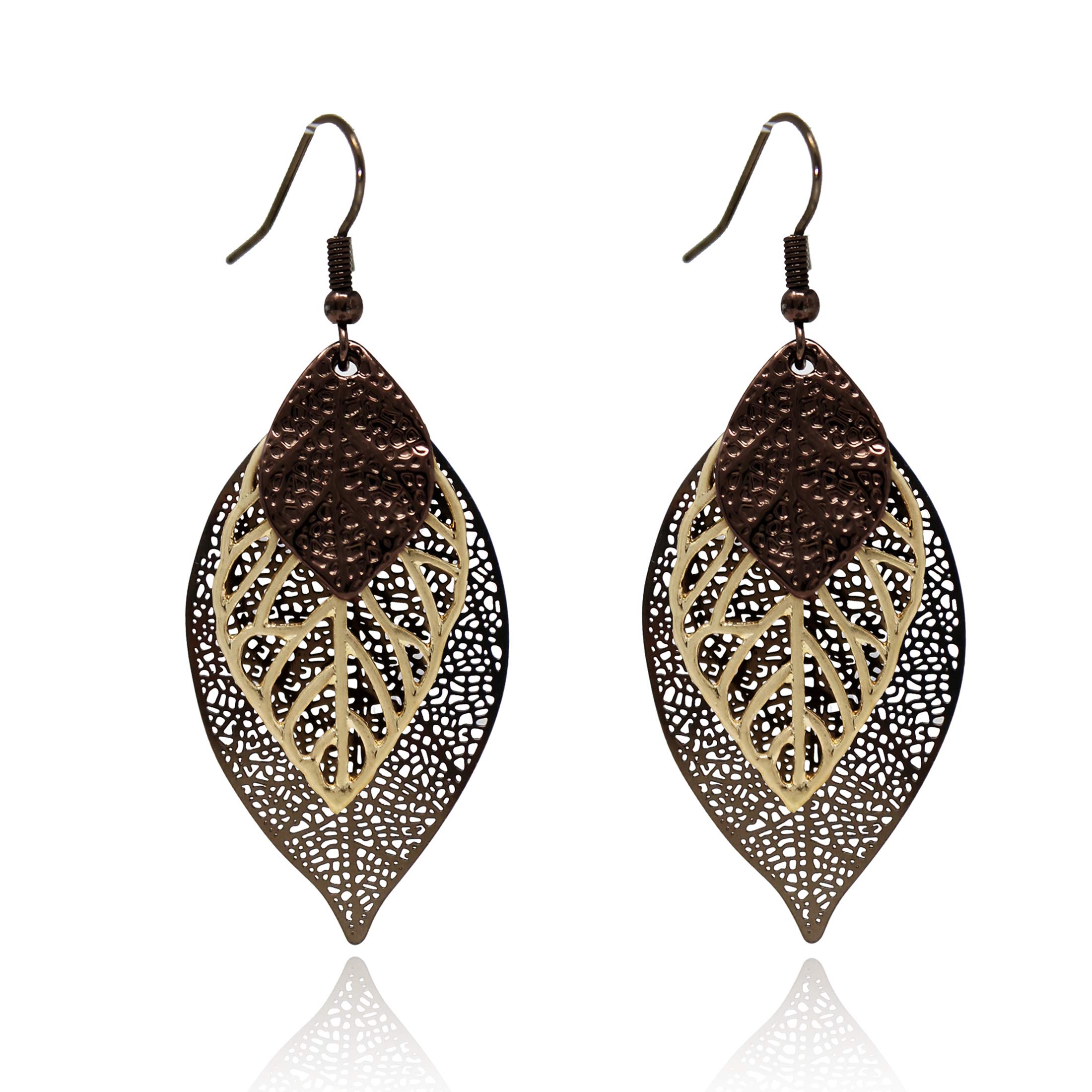 Pomina Choco Gold Fashion Fall Leaf Boho Earrings - Gold & Silver Two-Tone Filigree Dangle Drop Earrings for Women & Teens | Perfect for Autumn, Boho Outfits & Holiday Parties