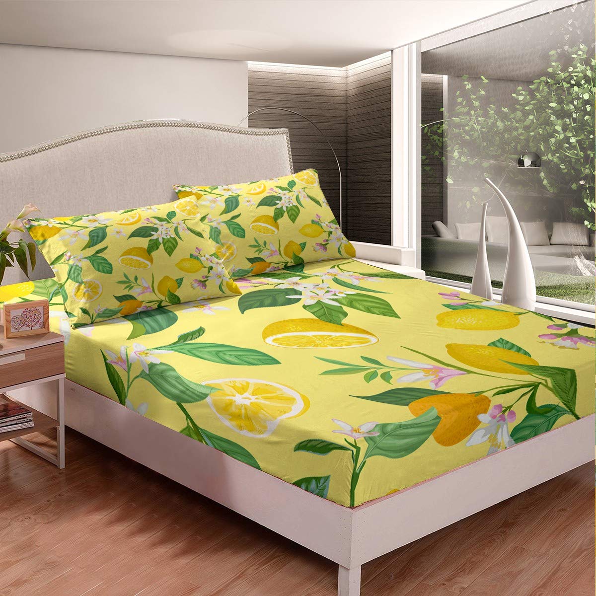 Yellow Fitted Sheets Queen Size - Lemon Printed Duvet Cover with Floral Plant Design - Deep Pocket Bedding Set (Includes 1 Fitted Sheet & 2 Pillowcases) - Perfect for Master Bedroom, Guest Room & Vacation Homes