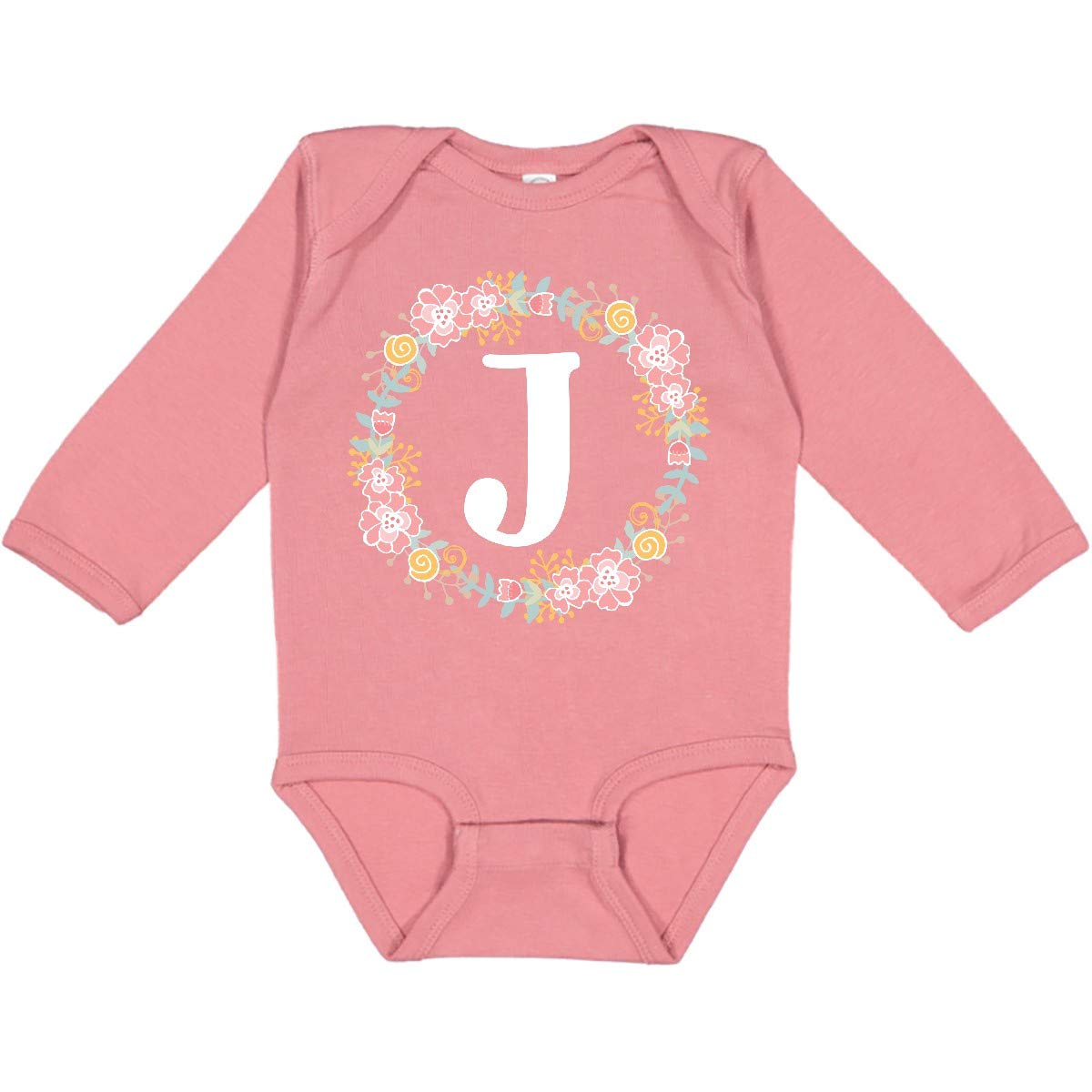 Inktastic Monogram Letter J Floral Rose Wreath Long Sleeve Baby Bodysuit - Soft Cotton Creeper for Newborns, Infants & Toddlers - Perfect for Family Photos, Holidays & Special Occasions