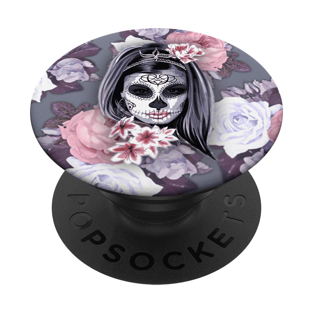 Grip Skull Lady Floral Rose Design Golden White PopSocket PopGrip - Swappable Phone & Tablet Grip for Secure Hold and Stylish Protection, Perfect for Everyday Use and Travel