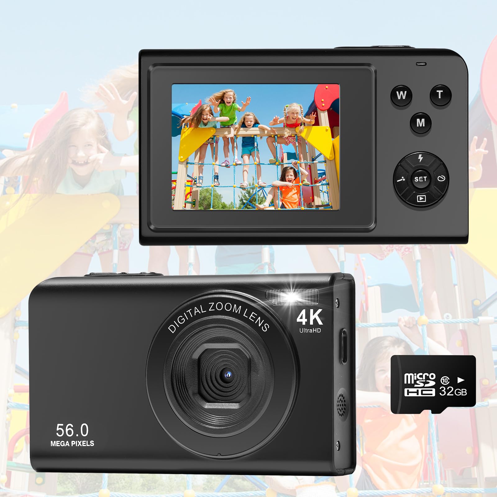 LanteXG 4K 56MP Digital Camera with 16x Zoom & 32GB Memory Card - Compact Point and Shoot Camera for Beginners - Perfect for Travel, Vlogging, and Family Photography (Black)