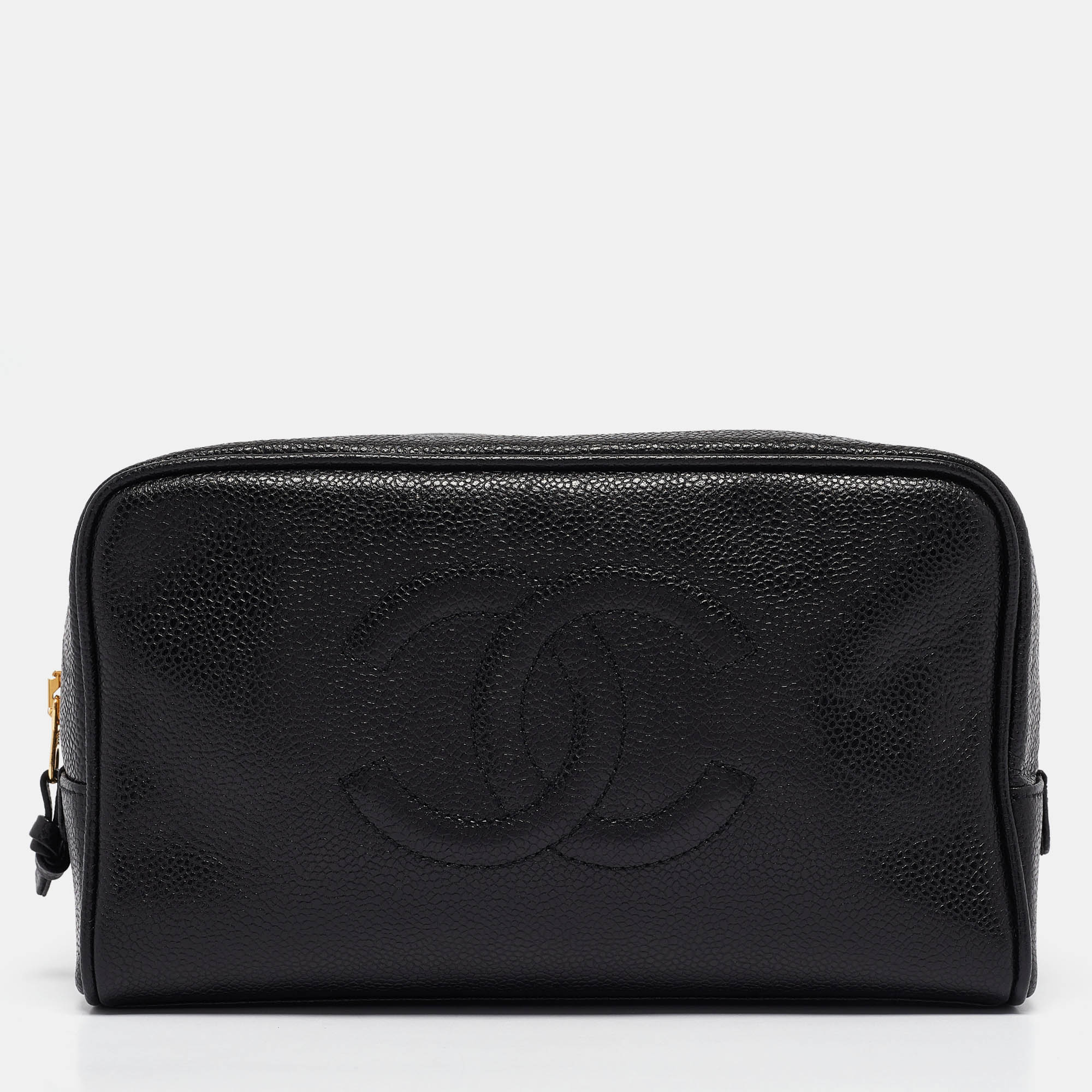 Luxury Black Caviar Leather CC Cosmetic Pouch for Women - Designer Makeup Bag with Gold Logo - Perfect for Travel, Bridal & Everyday Use